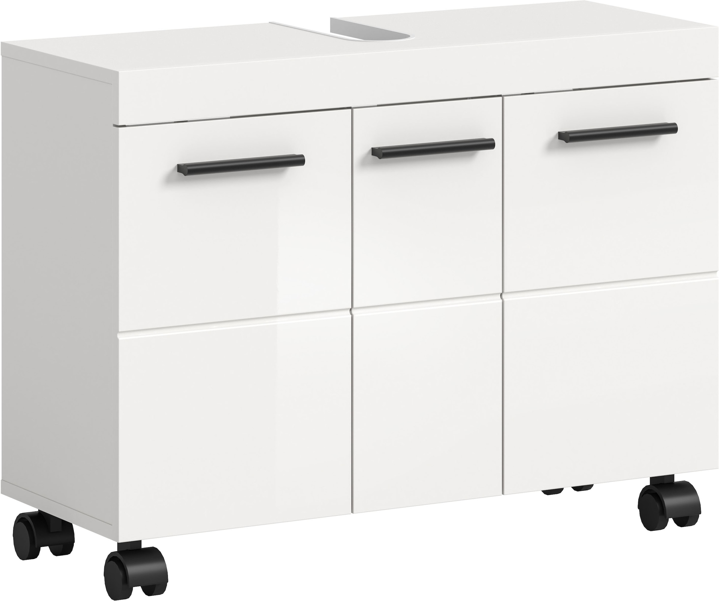 Image of welltime Waschbeckenunterschrank "AVON, Breite 80 cm, 3 Türen, 3 Einlegböden, 6 Fächer" mit Siphonausschnitt 22x8 cm, Rückwand mit Ausschitt, Badmöbel, Badschrank, Unterschrank, Waschtisch, Kommode, Bad