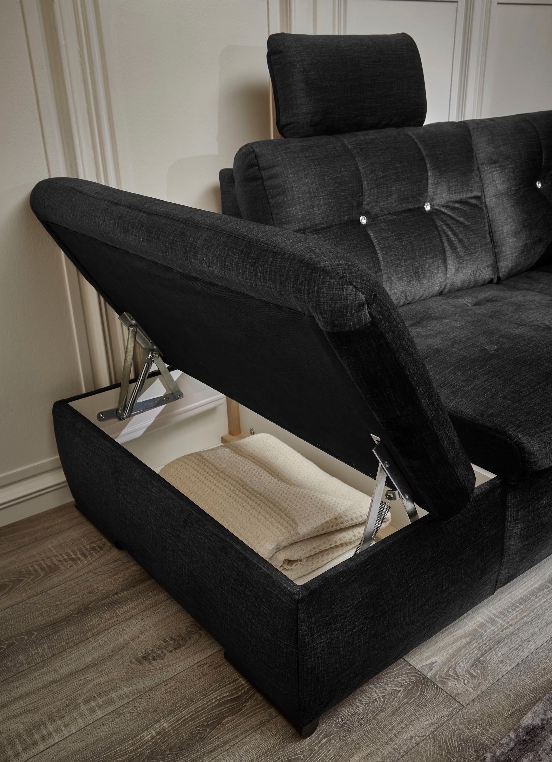 ED EXCITING DESIGN Ecksofa »Bolonia L-Form«, mit Bettfunktion, Bettkasten, Kopfstützen & 2 Zierkissen, Strasstein