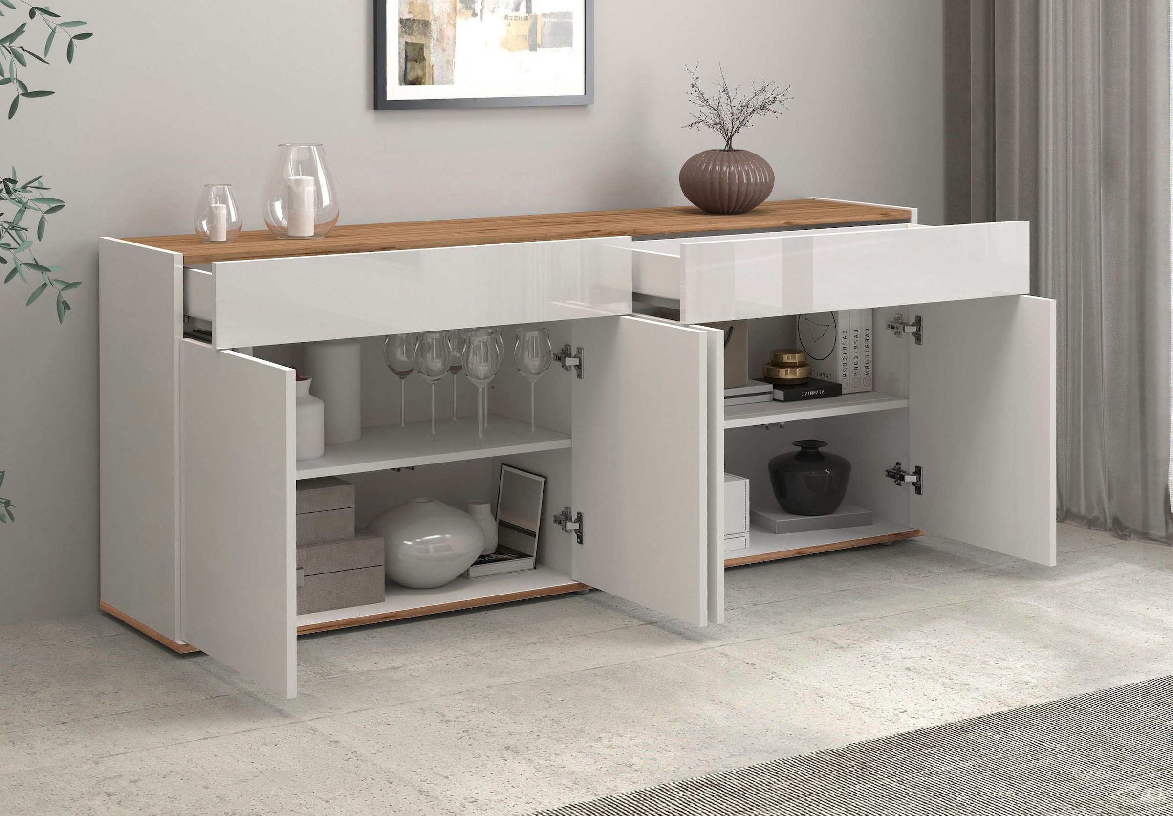 GOODproduct Sideboard »Garda Kommode, Schrank, 4 Türen mit Push-to-Open, Made in Italy« Hochglanzlackierte Fronten,2 Schubladen, grifflos Breite 160,1 cm