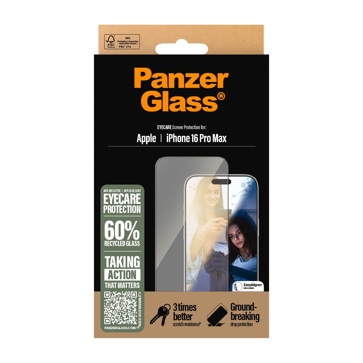 PanzerGlass Displayschutzglas »EyeCare Screen Protection«, für Apple iPhone 16 Pro Max, Displayschutzfolie, Schutzfolie, Bildschirmschutz, kratz- & stossfest