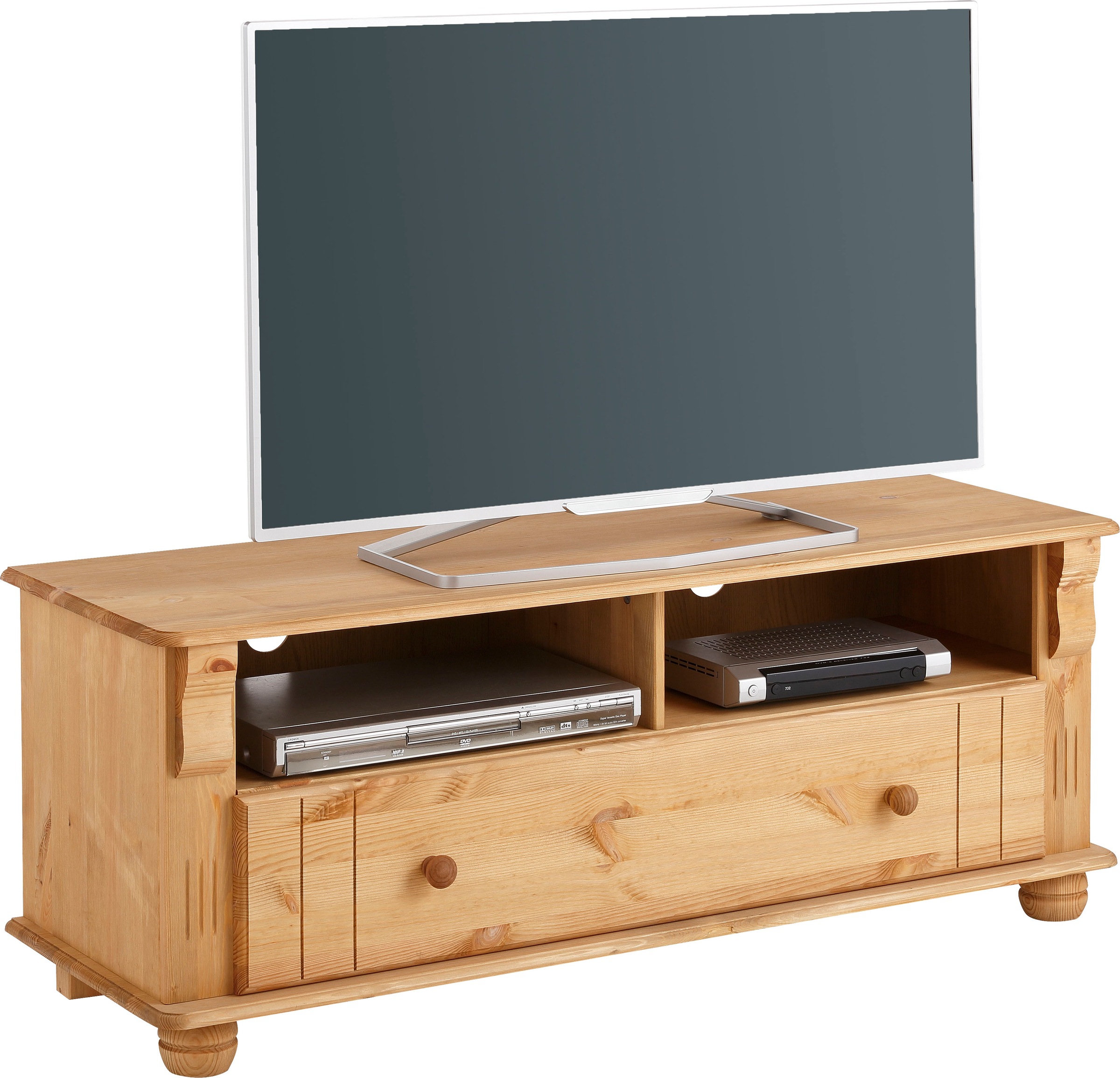 Image of GOODproduct TV-Board "Adele Lowboard, 1 Schublade und 2 offene Fächer & Kabeldurchführung" massives Kiefernholz, Knopfgriffen aus Holz und natürlicher Maserung