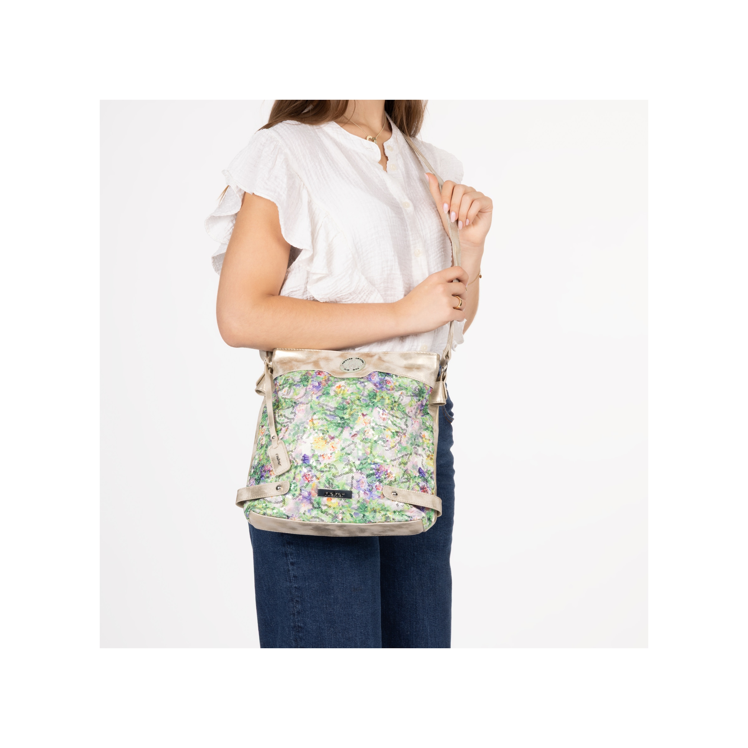 Rieker Umhängetasche Damen Schultertasche, Handtasche in Metallic-Optik