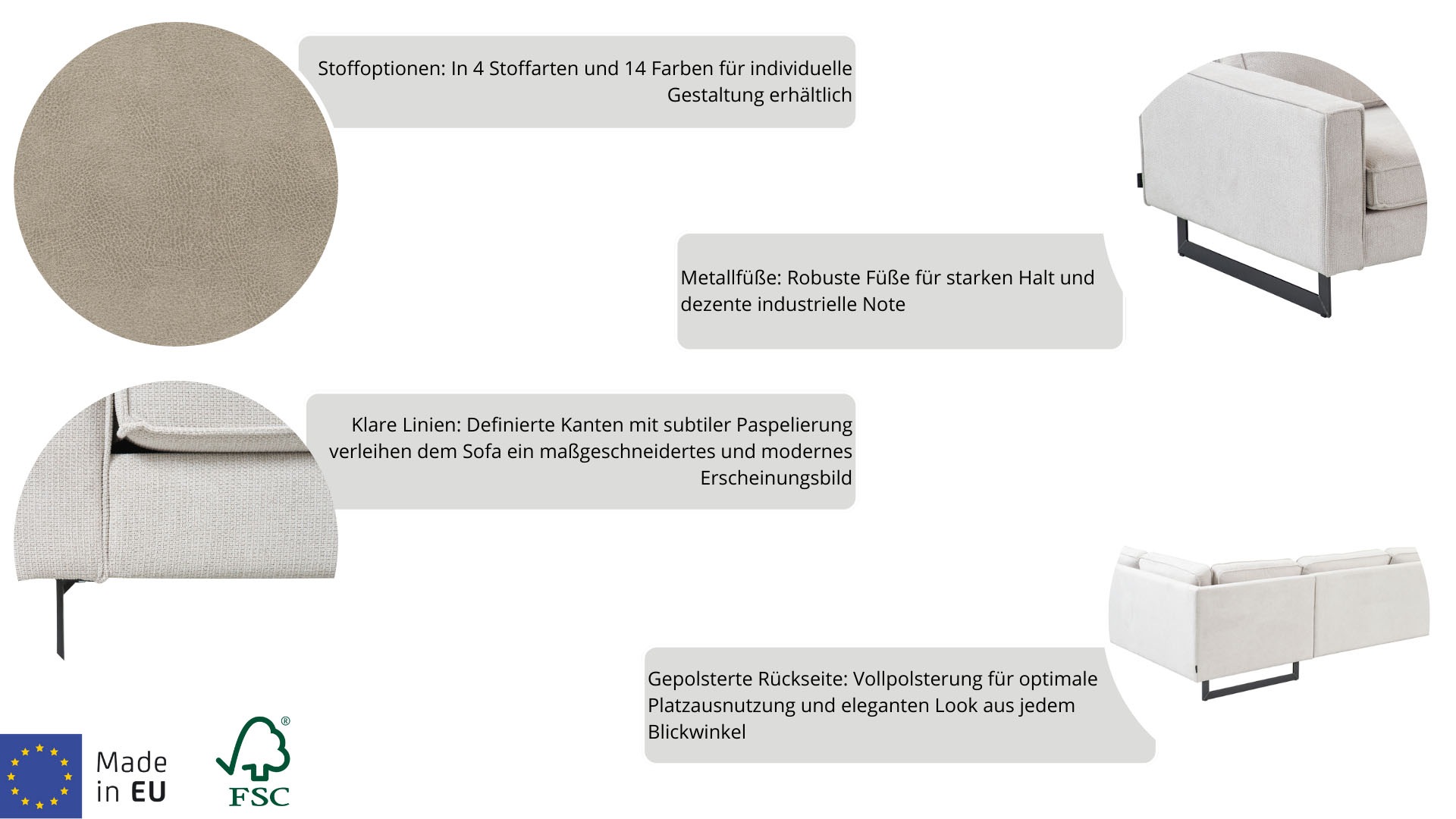 Places of Style Wohnlandschaft »Pinto, 350 cm, U-Form, XXL, mit Ottomanen«, Cord, Chenille, Lederoptik, mit Keder, Metallfüsse, Wellenunterfederung