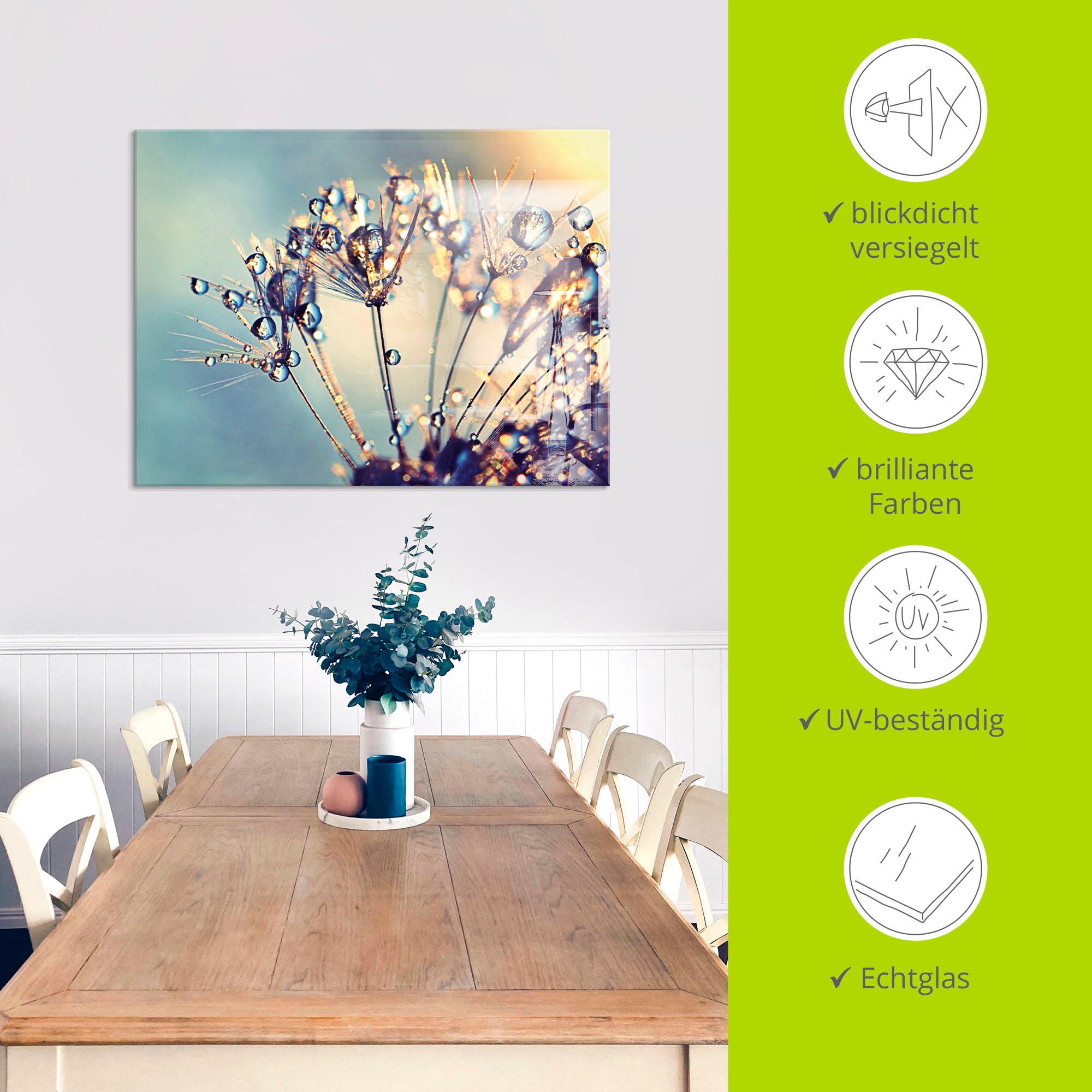 Artland Glasbild »Pusteblume Glitzertau«, Blumen, (1 St.), in verschiedenen Grössen