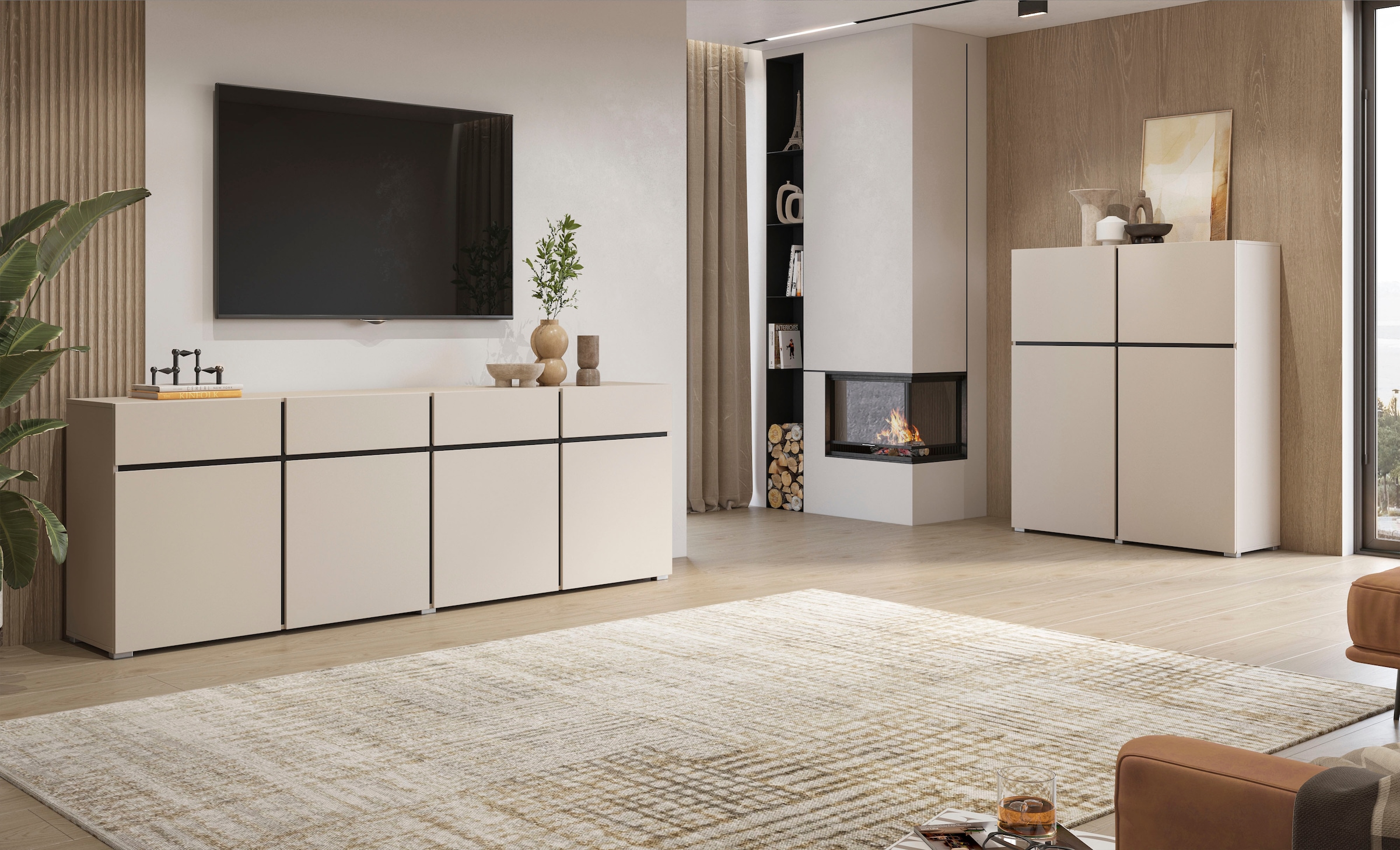 GOODproduct Hochkommode »Cross,Breite 119,5 cm, moderne grifflose Hochkommode mit 4 Türen« Hochschrank mit viel Stauraum, Einlegeböden verstellbar