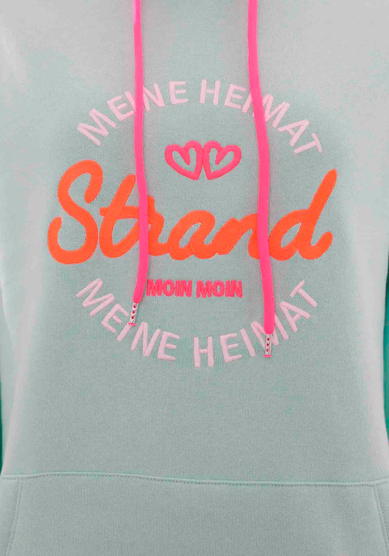 Zwillingsherz Sweatshirt, mit neonfarbenen Kordeln und aufgesticktem "Strand"-Schriftzug