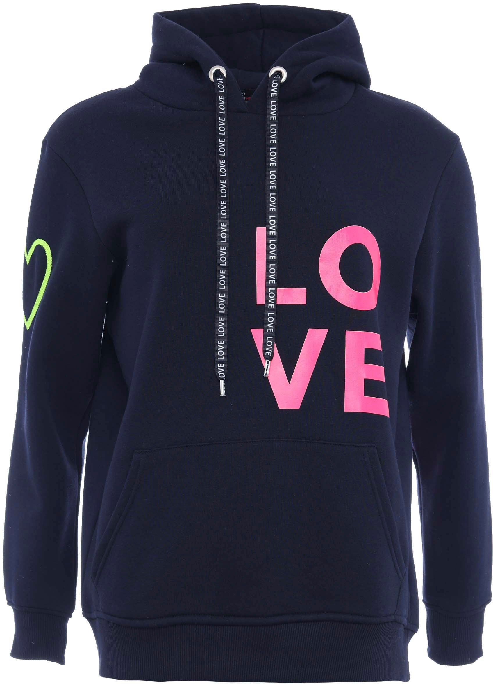 Zwillingsherz Kapuzensweatshirt, mit gesticktem Neon Herz am Ärmel und "Love" Schriftzug auf Kordel