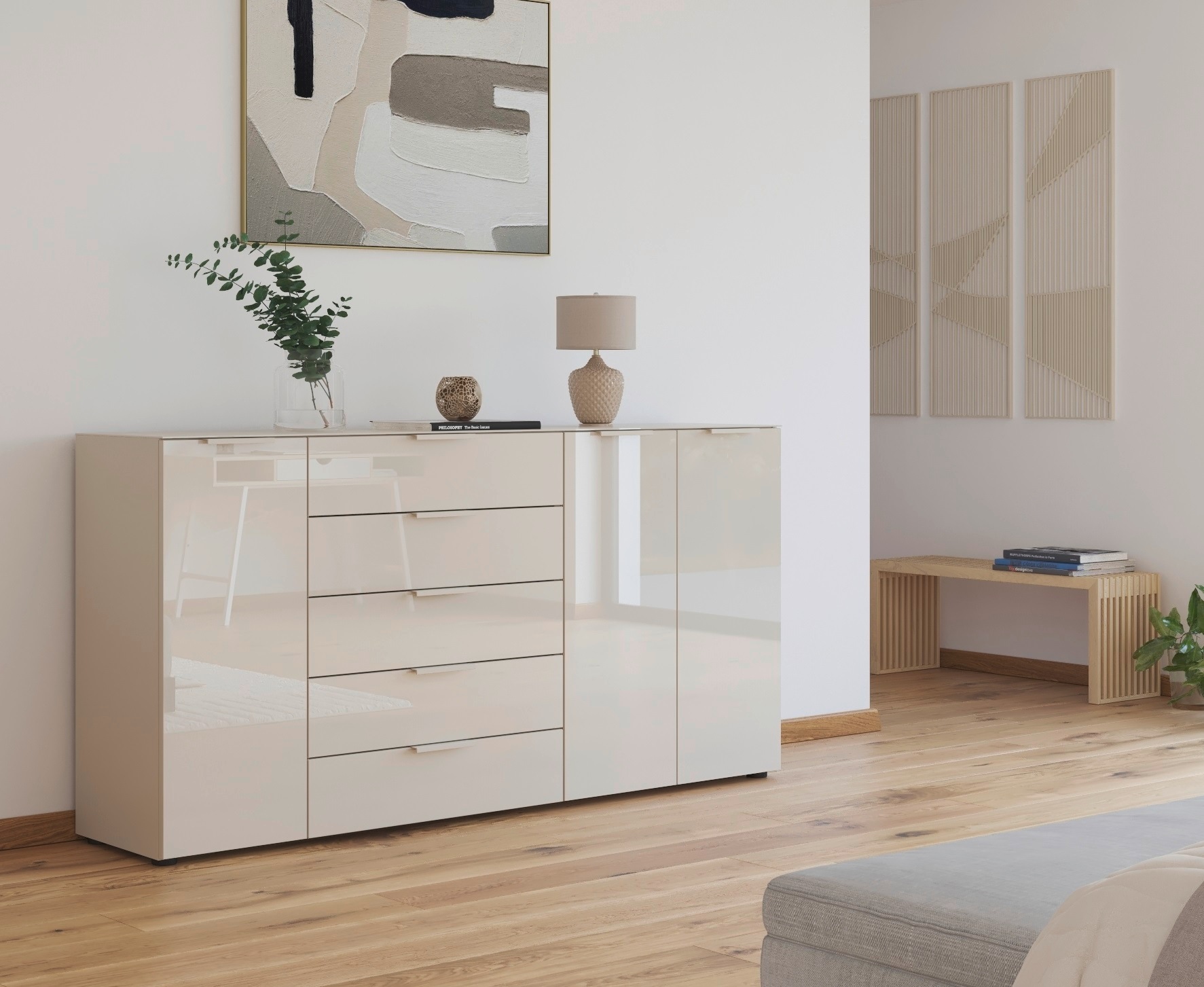 rauch Kombikommode "Kommode Türkommode Sideboard Kombikommode FLIPP mit Glasfront" Breite 200 cm mit 4 Einlegeböden, 3-türig, 5 Schubladen, Soft-Close-Funktion, Oberboden und Front Glas