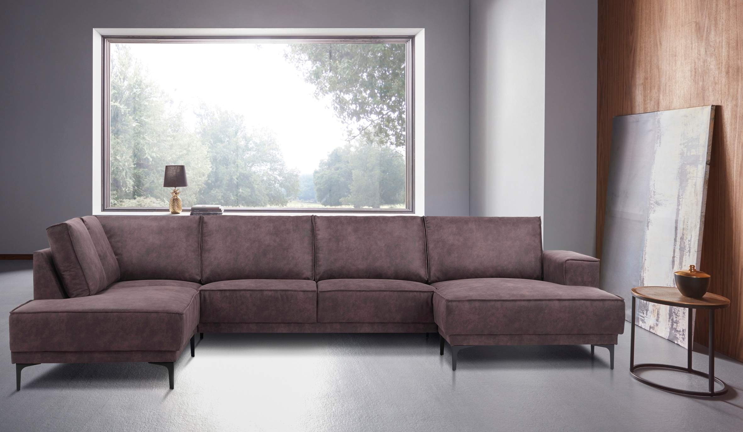 Places of Style Wohnlandschaft »XXL Sofa Oland, Struktur, Flachgewebe, Luxus-Microfaser, Boucle«, U-Form, 345 cm, Wellenunterfederung, Skandi-Design, Metallfüsse