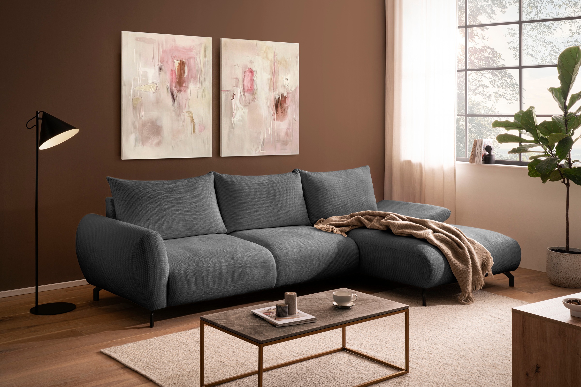 GOODproduct Ecksofa »KELLIE, L-Form, 315 cm, verstellbare Armlehne, Metallfüsse,« wahlweise Recamiere links o. rechts, Chenille-Stoff, hoher Sitzkomfort