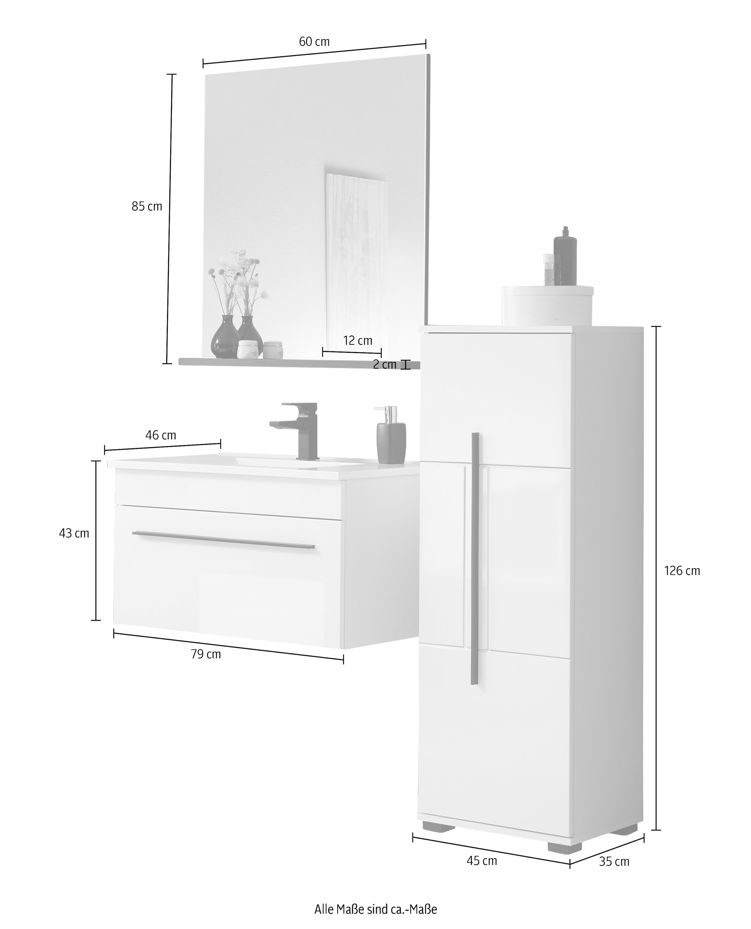 INOSIGN Badmöbel-Set »Cantara, Bad im modernen Design, 3-teiliges Badezimmer«, (Set, 3 St.), Waschtisch, Schrank und Spiegel, in Weiss Hochglanz, viel Stauraum