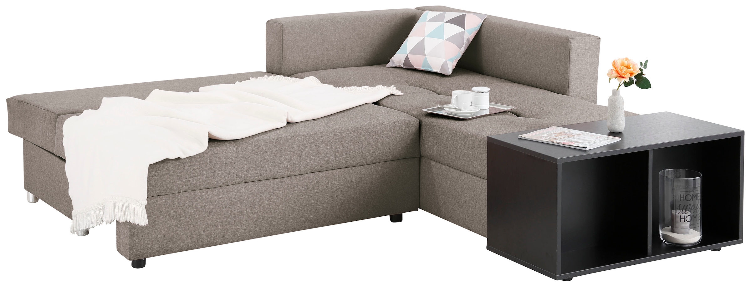 Home affaire Ecksofa »Italia L-Form, B: 217 cm« Schlaffunktion, Bettkasten & 1 Zierkissen, Federkern