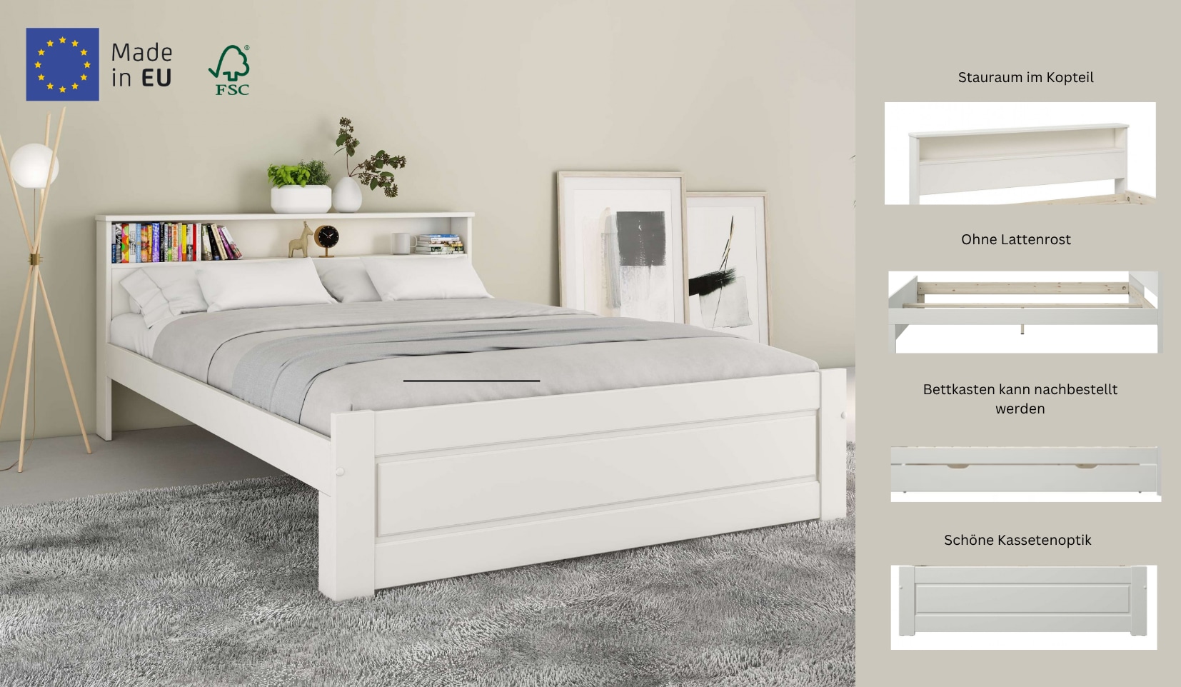 GOODproduct Massivholzbett »FLAVION, TOPSELLER! Jugendbett, FSC® zertifizierte massive Kiefer« Breite: 140,  Qualitätsprodukt, Regal, Kassettenoptik, Schublade optional