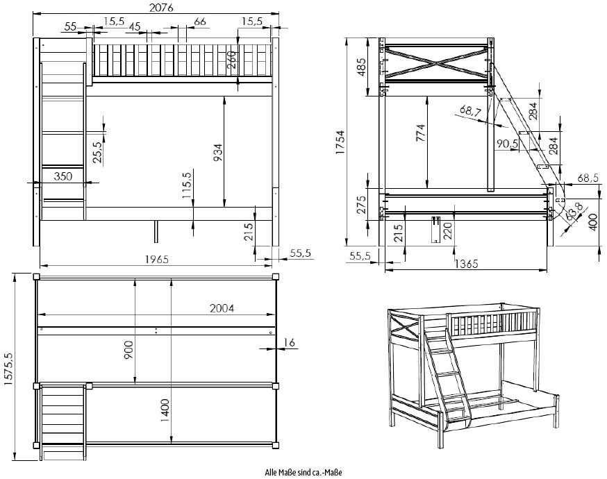 Vipack Etagenbett »Scott, Kiefer massiv, stabil gebaut, Made in Europe, Landhaus-Optik« B/H/T ca. 208x175x158cm, inkl. Rolllattenroste, Leiter, Absturzschutz,  wahlweise, ohne Schublade, mit 2 kleinen oder 1 grossen Bettschublade