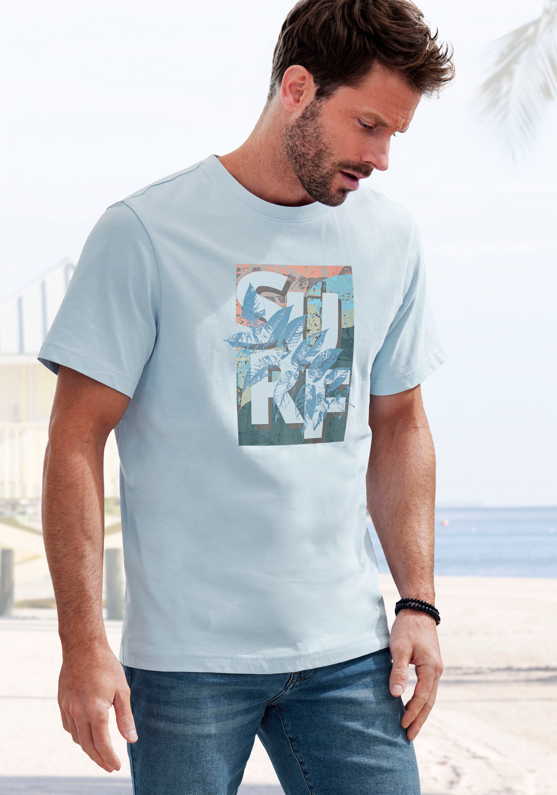 John Devin T-Shirt, Rundhalsshirt mit Surf -Aufdruck aus reiner Baumwolle