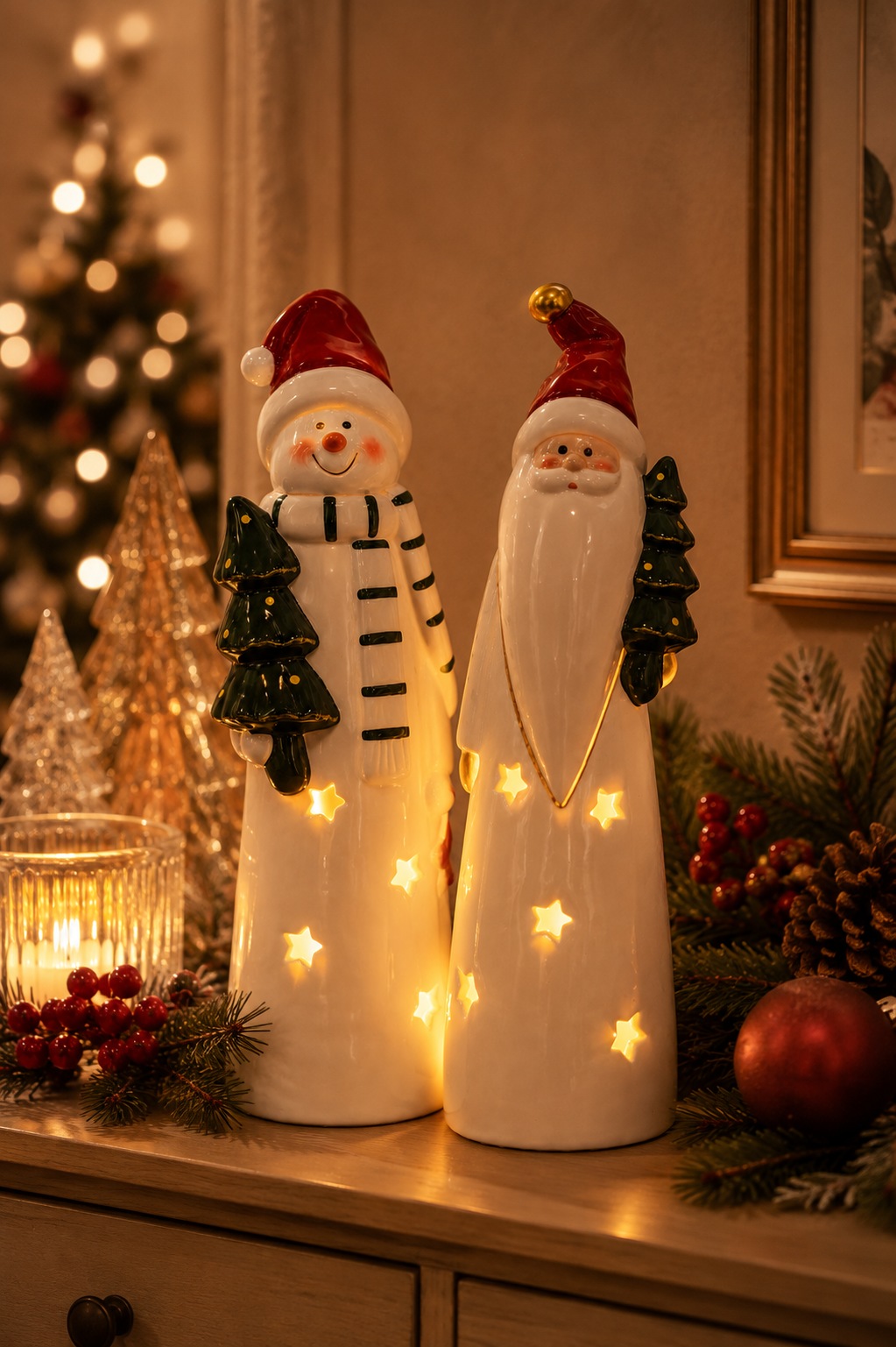 GOODproduct Teelichthalter »Deko Weihnachten Eeske, aus Porzellan detailreich bemalt« Weihnachtsmann und Schneemann im 2er Set, jeweils ca.31cm hoch