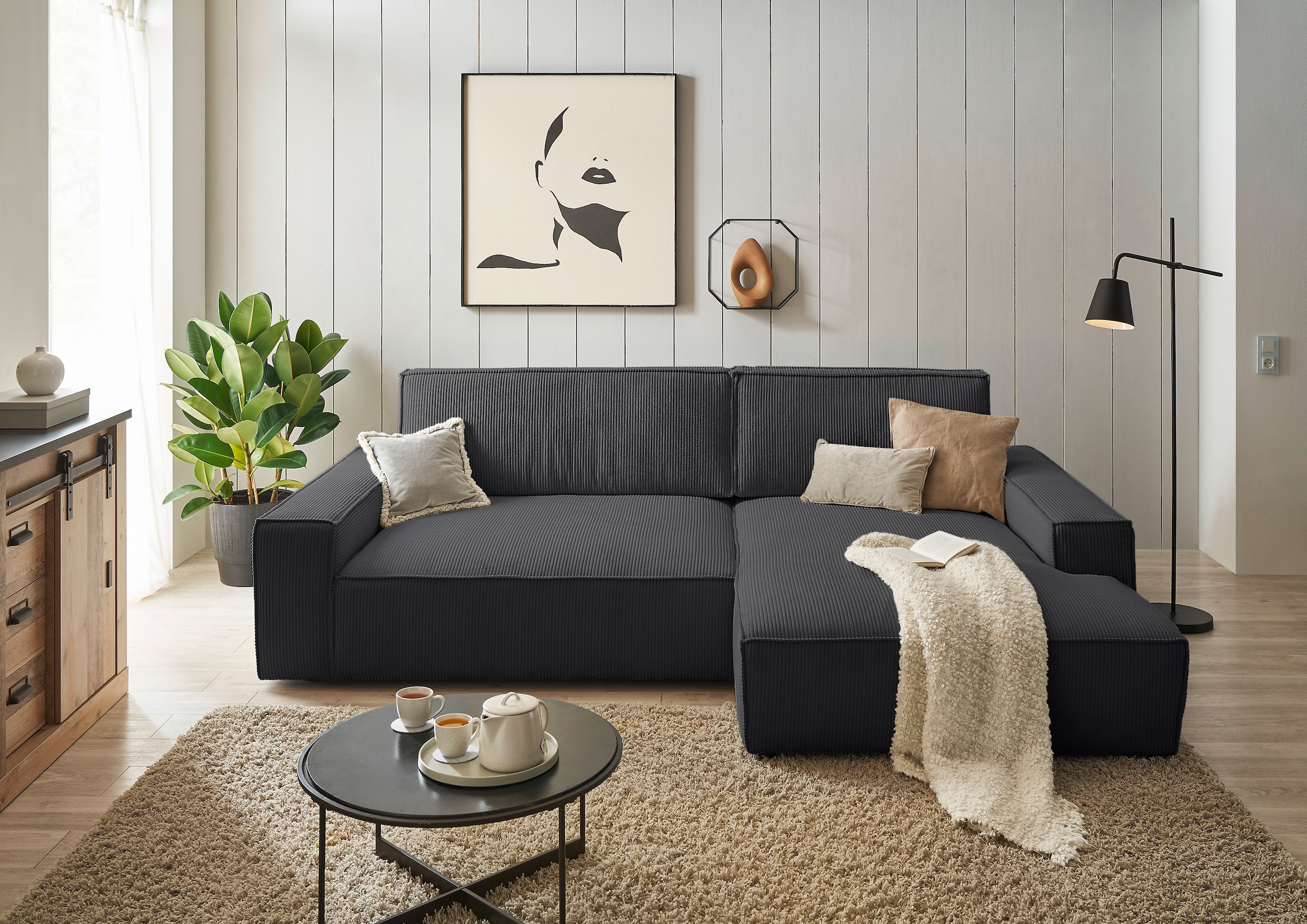 Home affaire Canapé d'angle »NEU: SHERWOOD XXL 284, Big-Sofa L-Form, tiefe Sitzfläche 95 cm, Cord« Recamiere rechts/links, als Schlafsofa stellbar, Cord u. Leinenoptik