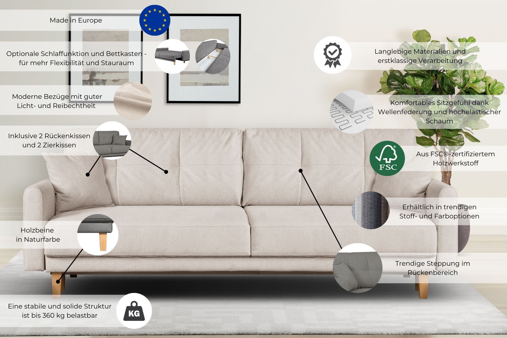 Home affaire 3-Sitzer »TRIPLO optionale Schlafsofa mit Bettkasten, Masse B/T/H: 215/100/89 cm«, Wahlweise Bettfunktion - Liegefläche 145x191 cm, Rücken-, Zierkissen