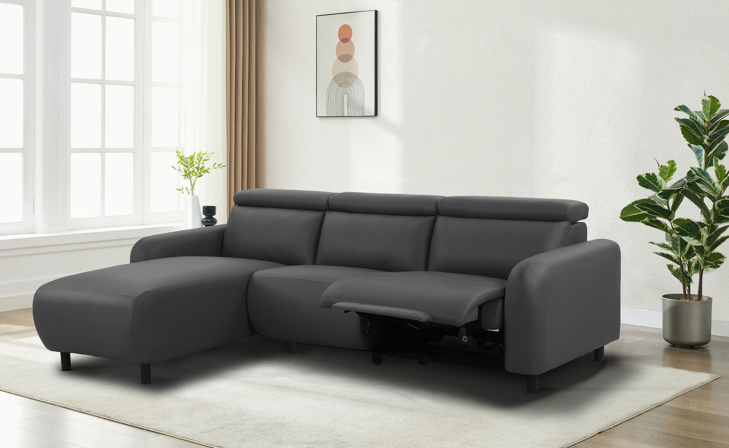 Home affaire Ecksofa »SKAANE Lederoptik, L-Form, 274 cm, manuelle/elektrische Relaxfunktion,« rundes Design, Kopfteilverstellung, Federkernpolsterung