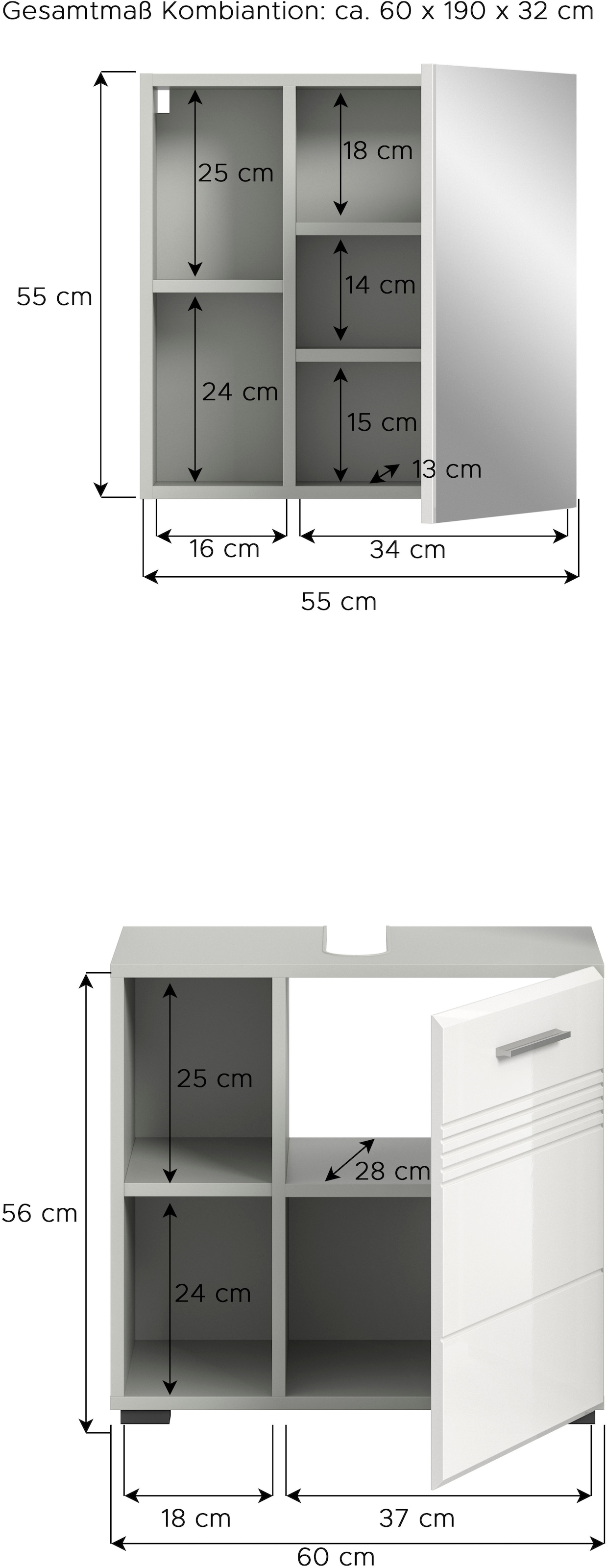welltime Badmöbel-Set »Calicio, bestehend aus: Waschbeckenunterschrank, Spiegelschrank« 2 Stk. tlg.