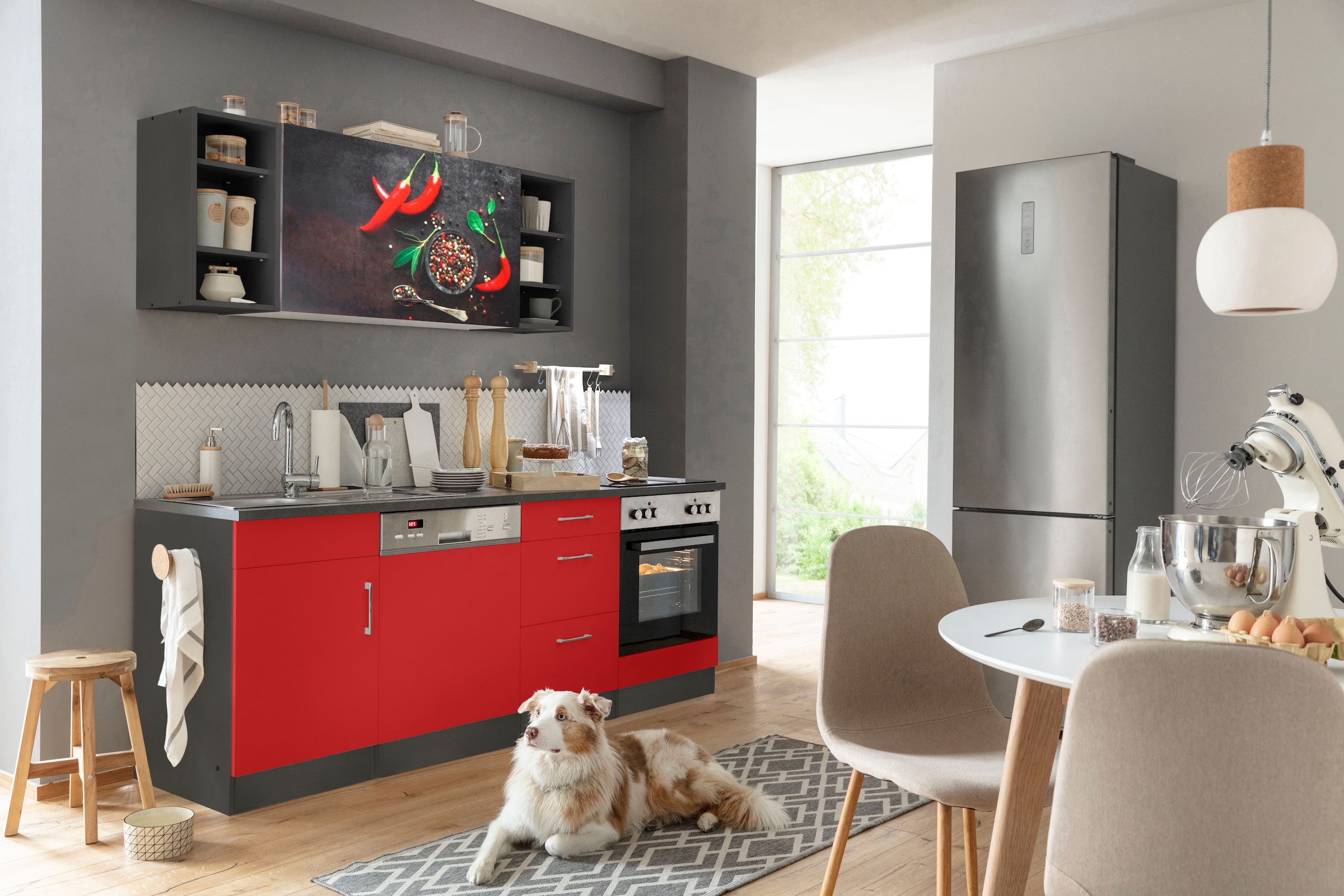 KOCHSTATION Kitchenette »KS-Paris – Küchen mit einzigartigen Fotomotiven auf den Fronten« largeur 220 cm, au choix avec appareils électriques, avec impression décorative