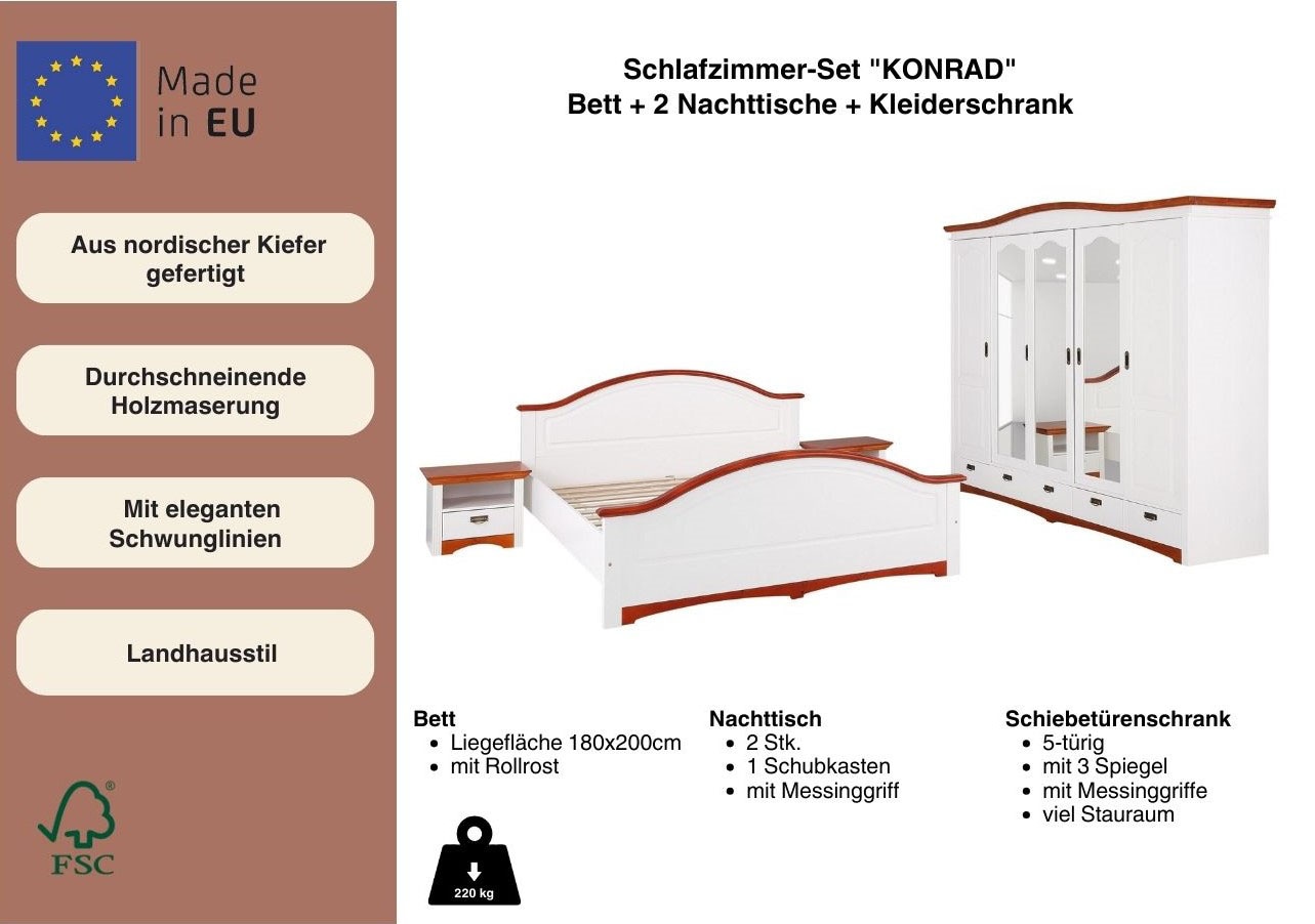 Home affaire Schlafzimmer-Set »"Konrad", komplettes Schlafzimmer mit grossem Schrank«, (Set, 4 tlg., Kleiderschrank 5 türig mit Schubladen, 2 Nachttische, Bett 180x200cm), mit 5-trg. Kleiderschrank, Bett 180/200 cm und 2 Nachttischen