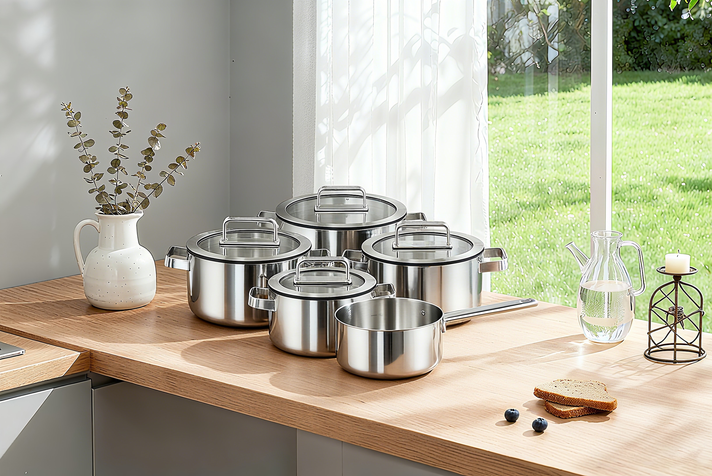 Hanseatic Set de casseroles »PREMIUM« Set, Kochtopf 1x 16 cm / 2x 20 cm / 1x 24 cm, Stielkasserolle 16 cm, 9 cuis tlg. handfreundliche Griffe, Literskala, Glasdeckel, Induktion