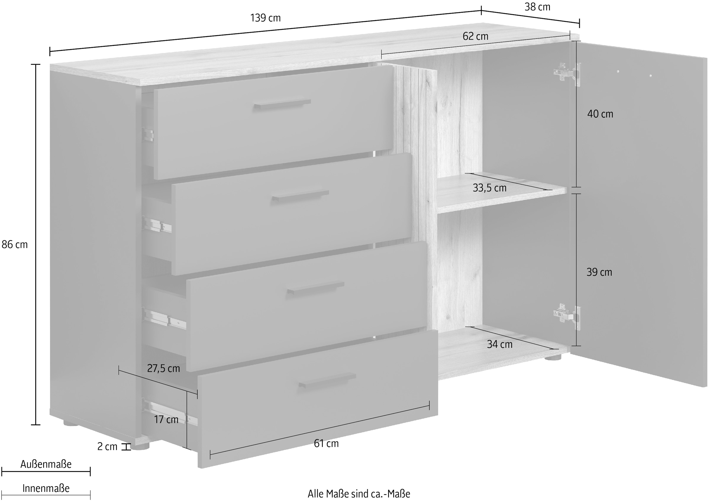 INOSIGN Kommode »Estepona«, (1 St.), Schubladenschrank in Rillenoptik mit Vollauszug-Funktion