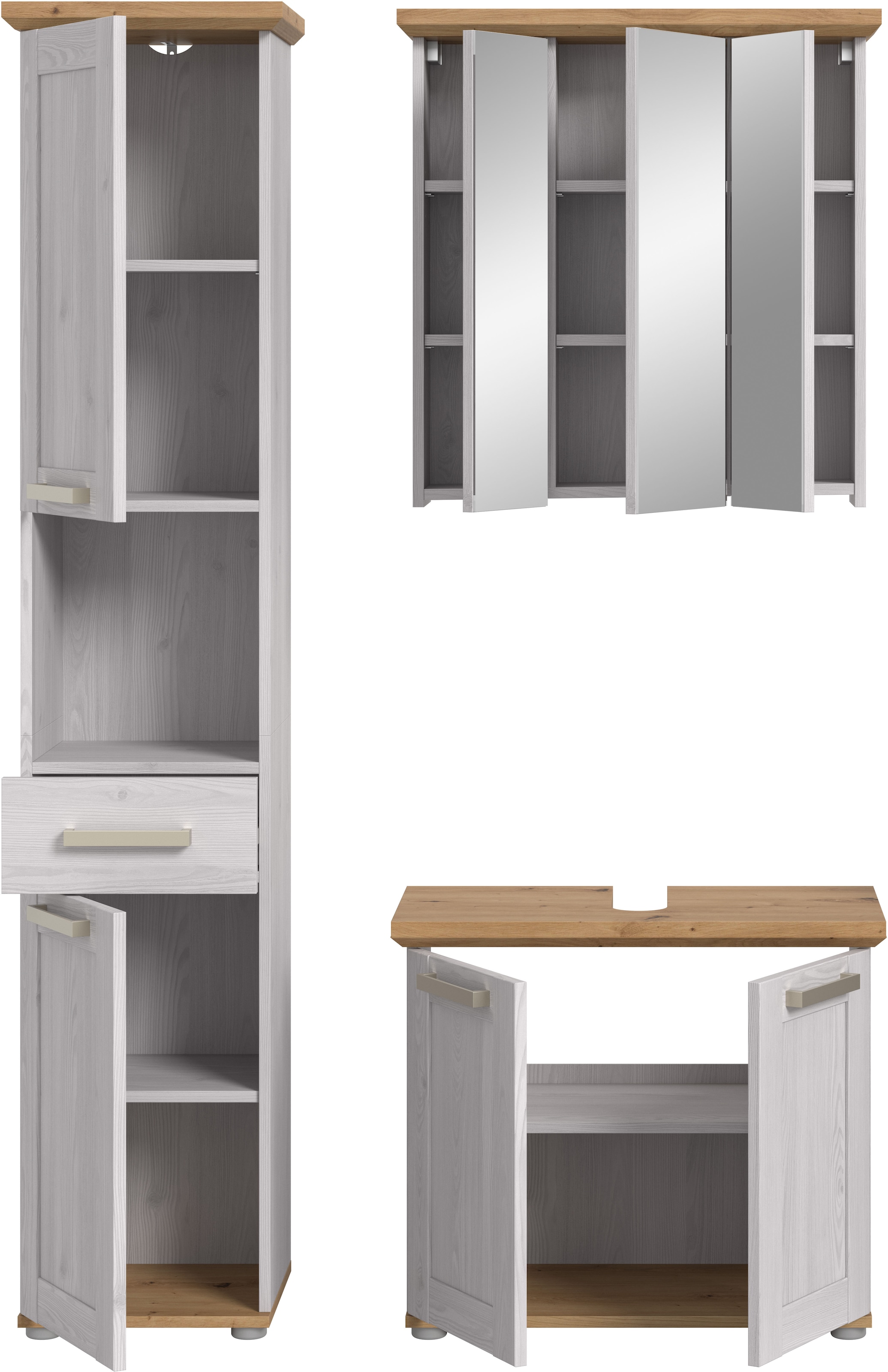 welltime Badmöbel-Set »COSENZA« best. aus: 1 Hochschrank, 1 Spiegelschrank, 1 Waschbeckenunterschrank, 3 Stk. tlg.
