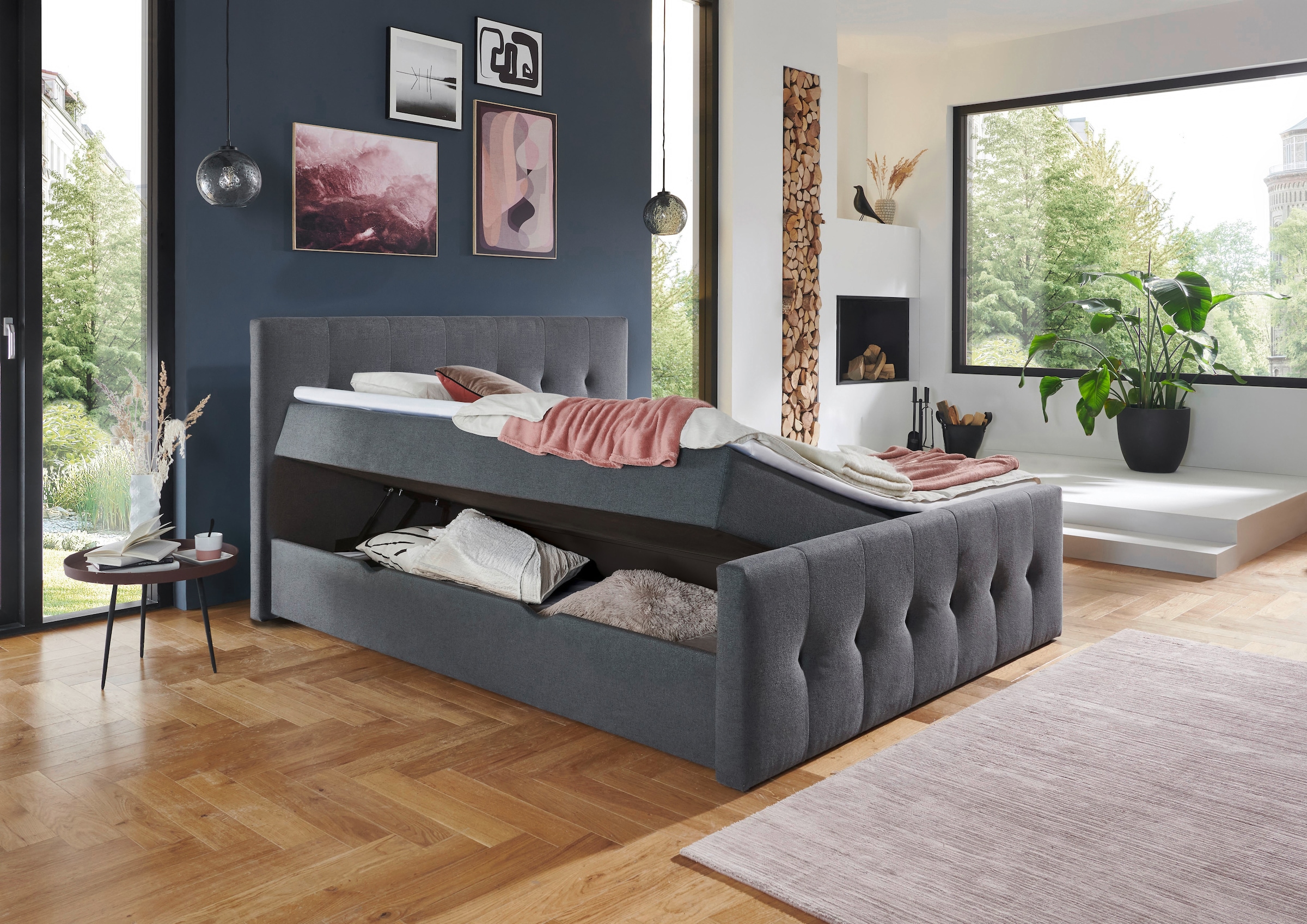 Home affaire Lit de boxe »Tessaja, inkl. Bettkasten, in der Breite 180x200cm erhältlich« Kopf- und Fussteil gesteppt, inkl. Anti-Slip-Topper