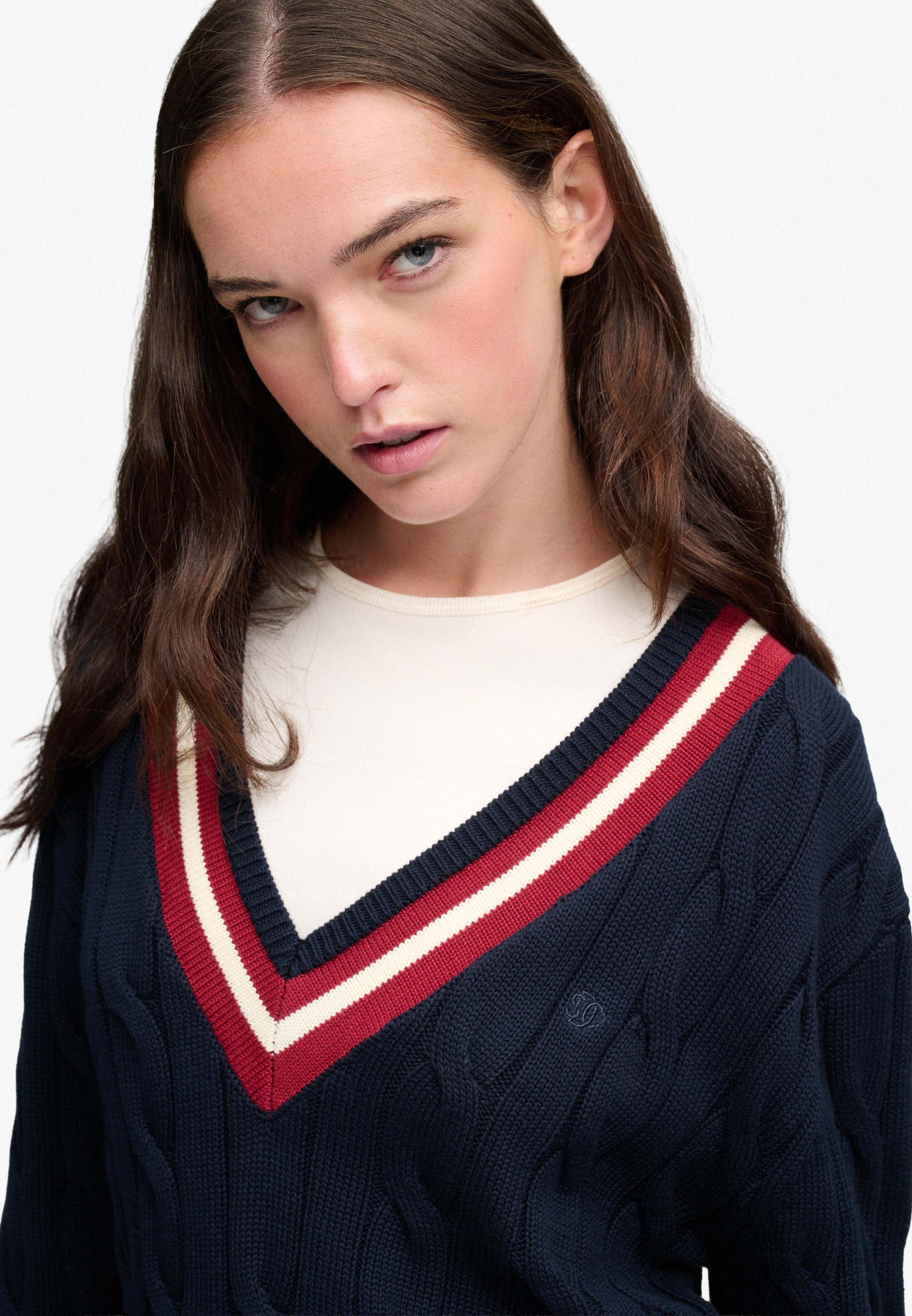 Superdry Pull col V »CLASSIC CABLE CRICKET KNIT« Baumwolle, loose fit