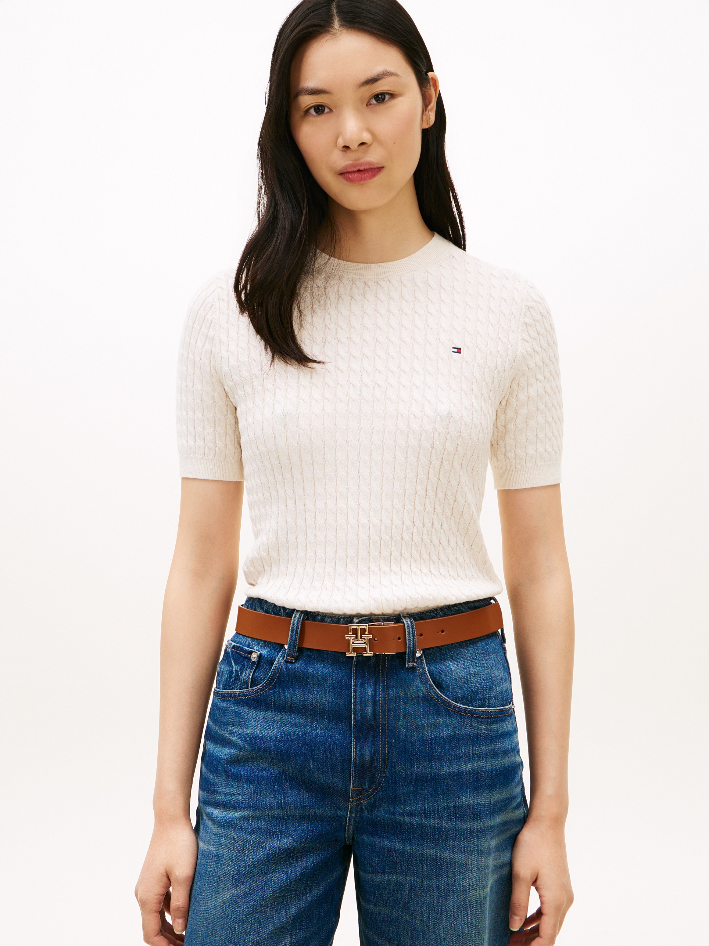 Tommy Hilfiger Pull à manches courtes »CO CABLE RWB C-NK SS SWT« coton, avec motif torsadé