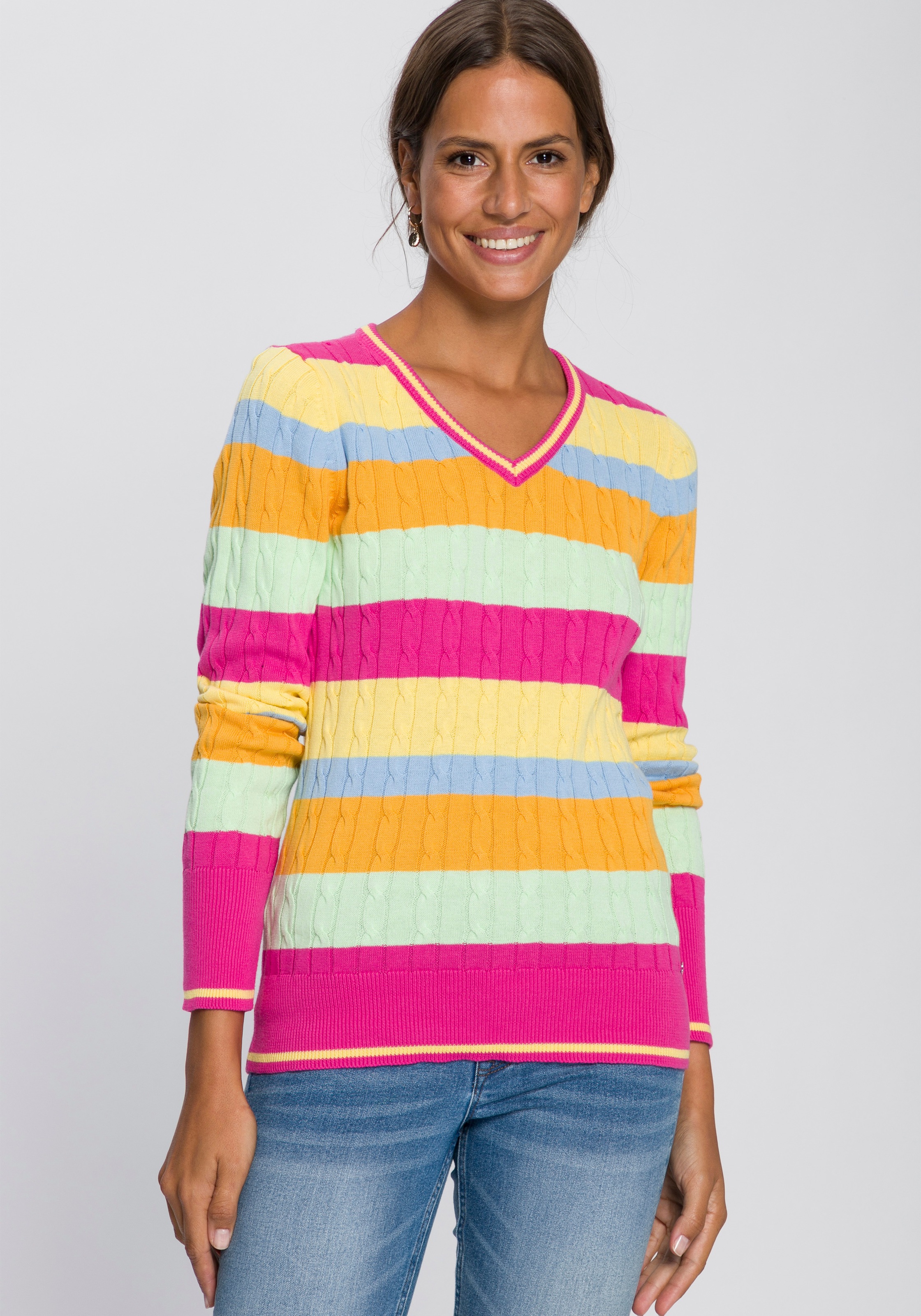 Image of TOM TAILOR Polo Team Streifenpullover, in sommerlichen Farbverlauf mit klassischem Zopfmuster bei Ackermann Versand Schweiz