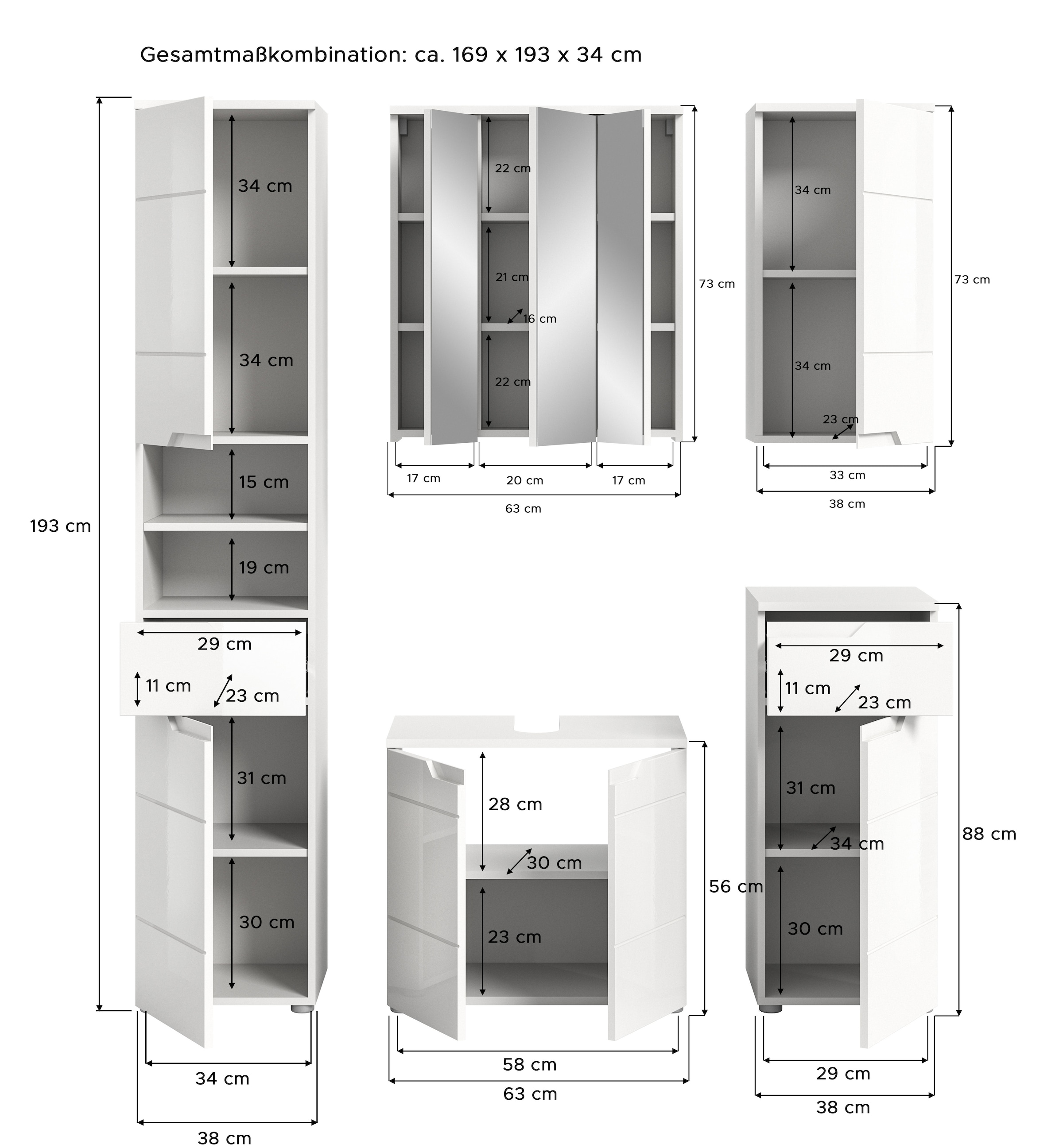 welltime Ensemble de meubles de salle de bain »CAPRI, 5-teilig, mit eingefasster Griffmulde, bestehend aus:«