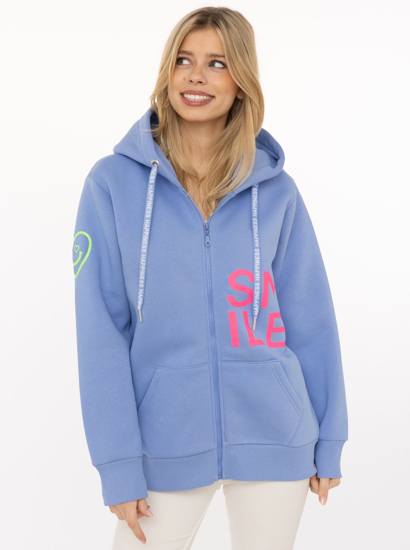 Image of Zwillingsherz Kapuzensweatjacke ""Alissa"" mit SMILE, gesticktem Herz am Arm und Reissverschluss
