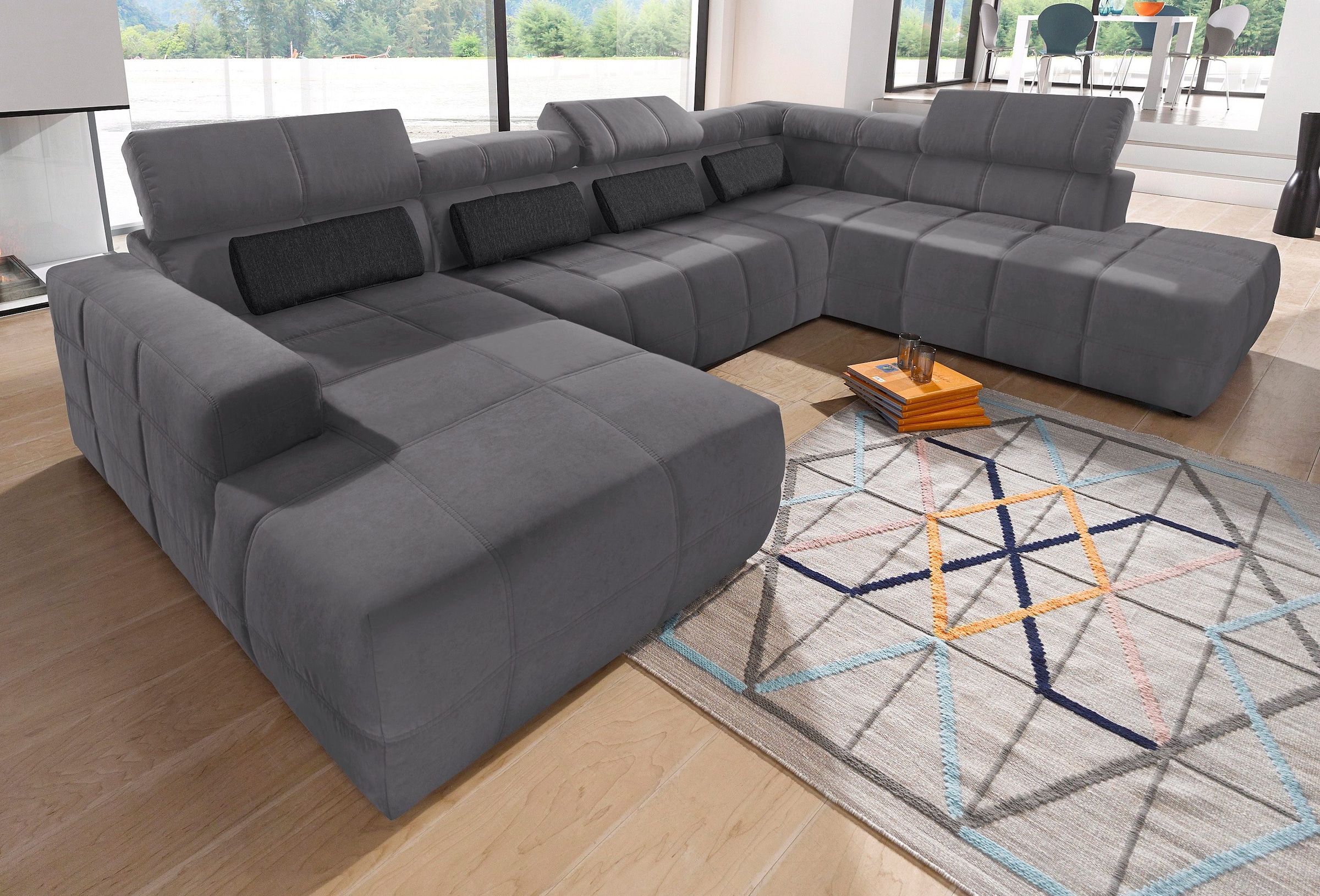 Image of DOMO collection Wohnlandschaft "BRANDON whlw. mit Sitztiefenverstellung, whlw. Nierenkissen" mit Sitztiefenverstellung, Luxus-Microfaser, dunkelgrau