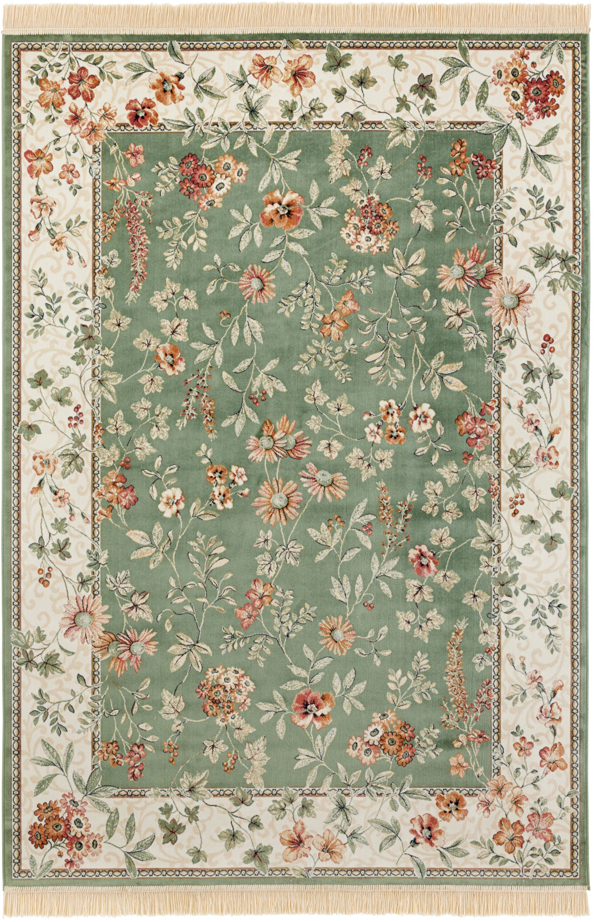 THE RUGS Oriental Velvet Floral Vintage Fringed Soft Pile Living Room Rug in Green | Size: 95cm x 133cm