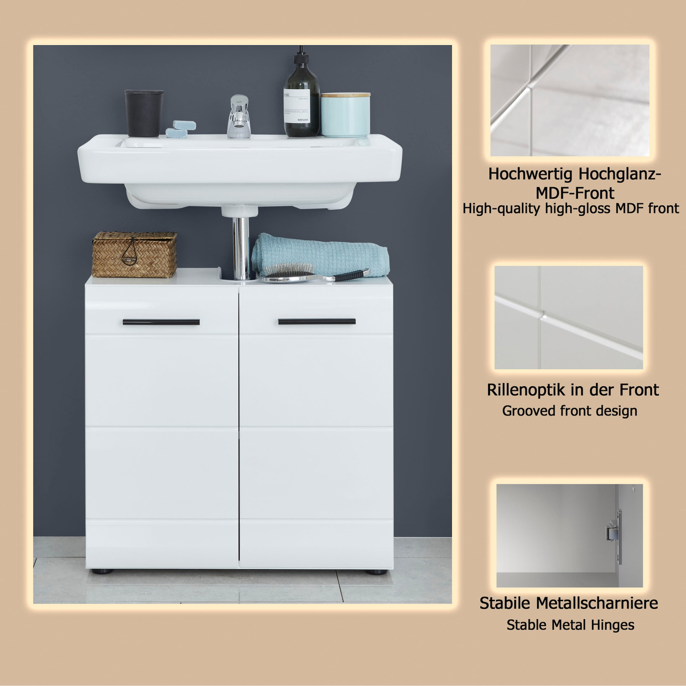 welltime Waschbeckenunterschrank »Sovana« Waschtisch mit verstellbarem Fach - Masse (B/T/H) 60/31/56 cm