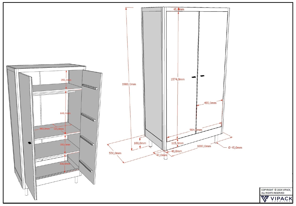 Vipack Kleiderschrank »Forrest mit 2 Drehtüren (Soft-Close), Made in Europe, zeitloses Design« B/H/T ca: 100x190x55 cm, Eiche massiv natur geölt,  praktische Facheinteilung, viel Stauraum, hochwertige Verarbeitung