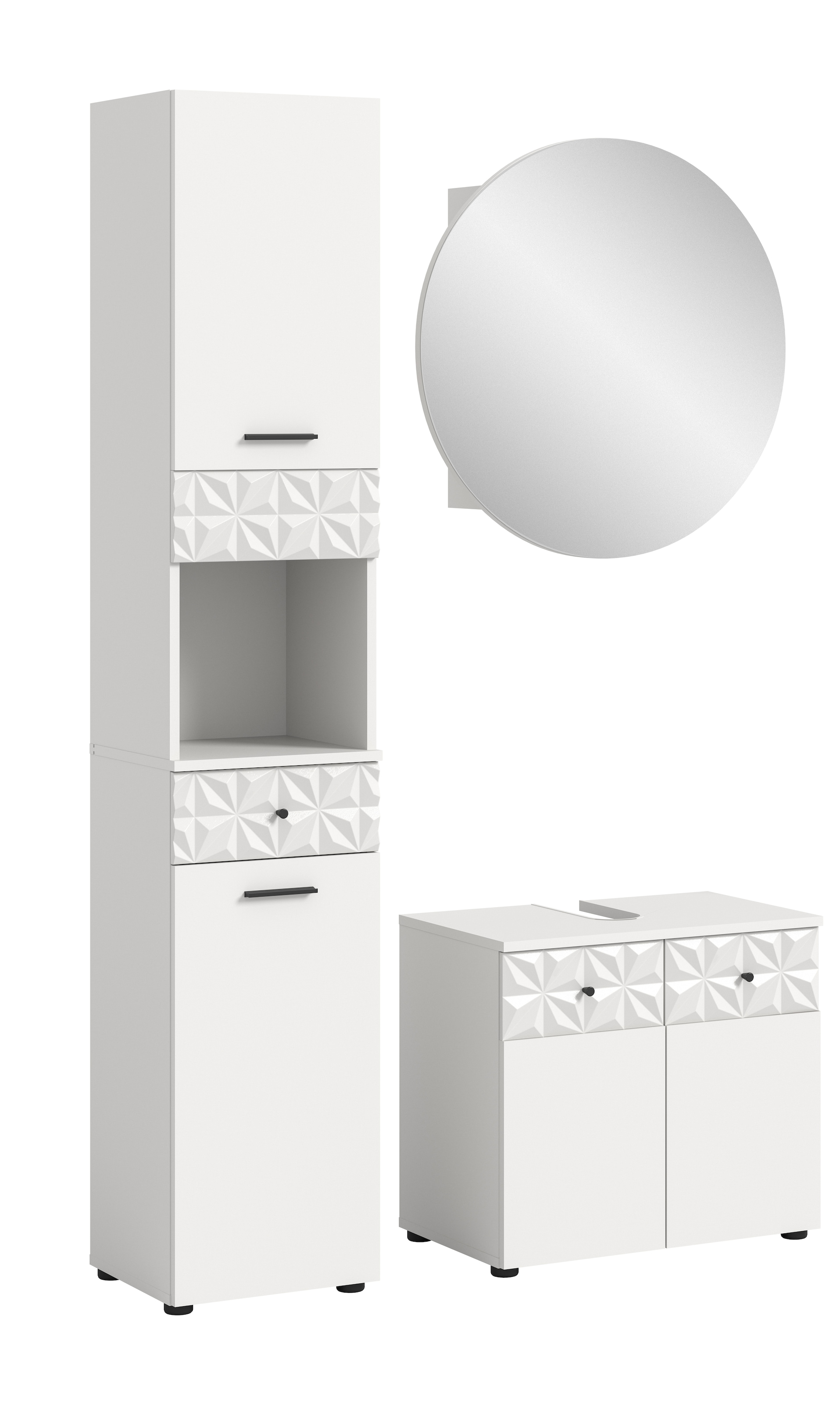 Image of welltime Badezimmer-Set "VICENZA, Breite 110cm, 3-teilig, mit Ornamentabsetzung" best. aus: Hochschrank, Waschbeckenunterschrank und Spiegelschrank