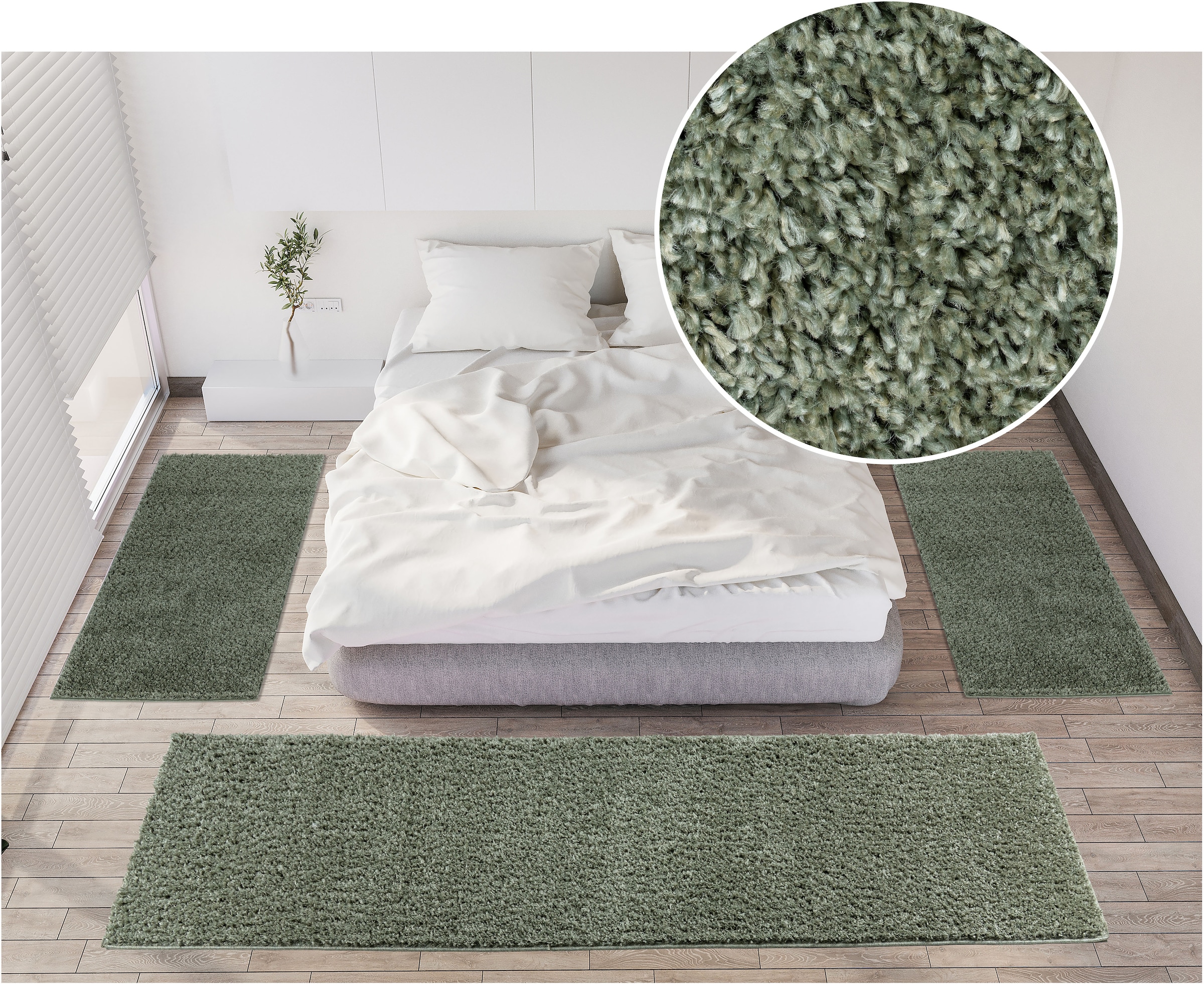 Bruno Banani Bettumrandung »Shaggy Soft«, (3 tlg.), gewebt, Uni-Farben, besonders weich, Bettvorleger, Läufer-Set