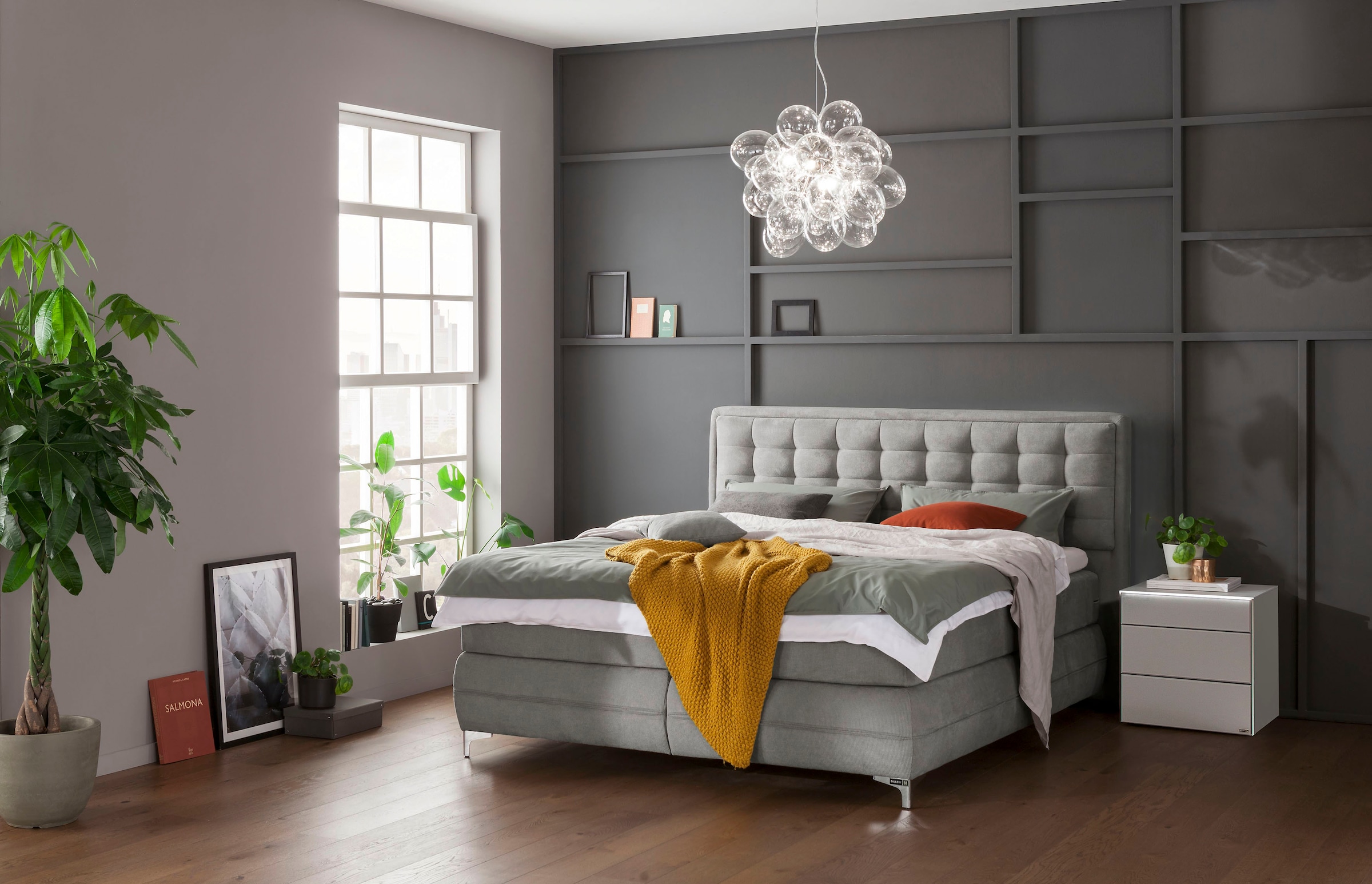 Musterring Boxspringbett »Dubai«, Winkelfuss in Chrom, 3 Härtegrade, Kopfteil in Kassettensteppung
