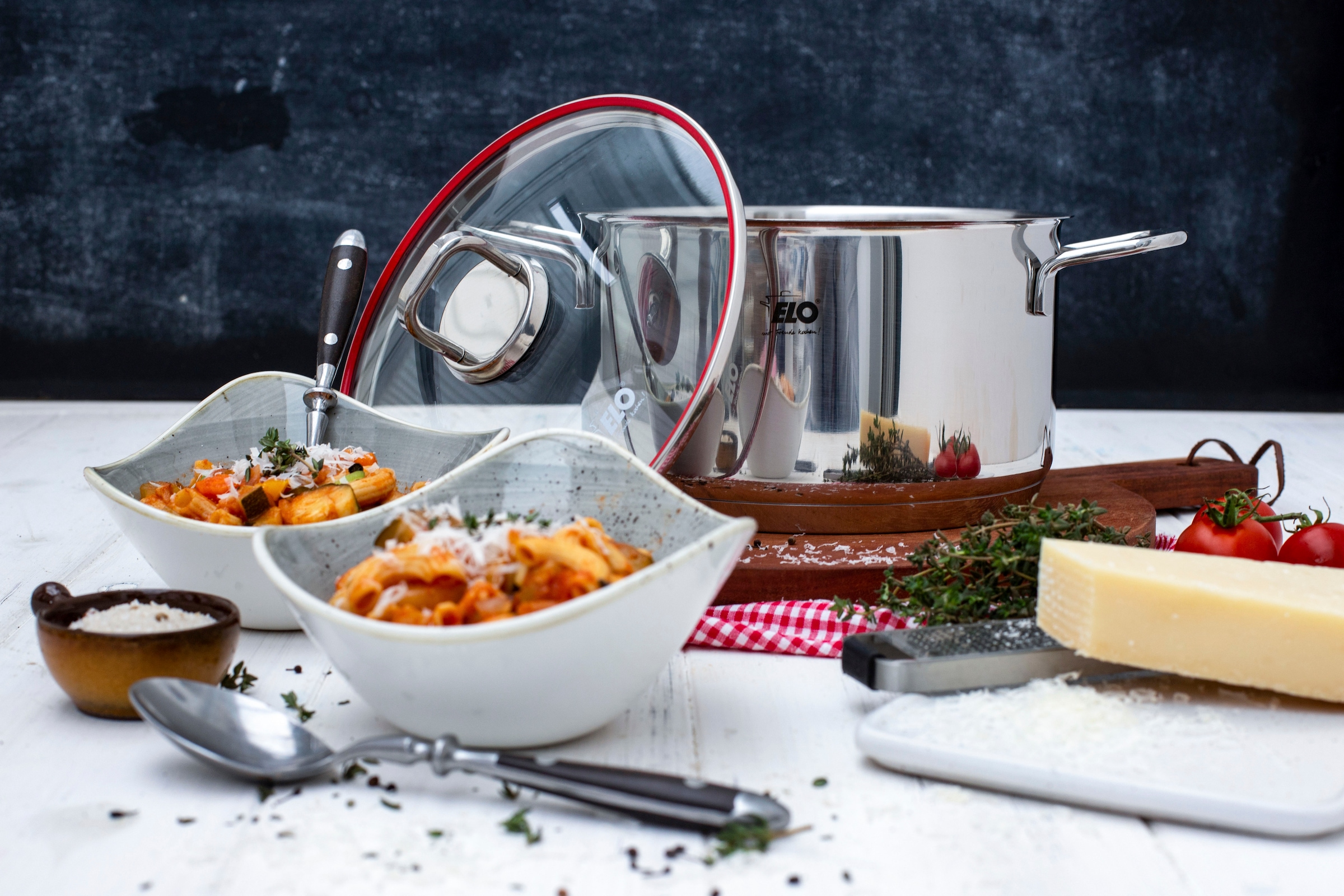 Elo Topf-Set »Excellent« Edelstahl 18/10 Set, Bratentopf Ø 20 cm, je 1 Fleischtopf Ø 16/20/24 cm, Kasserolle Ø 16 cm, 6 Stk. tlg. inkl. Untersetzer, mit Literskala, Induktion