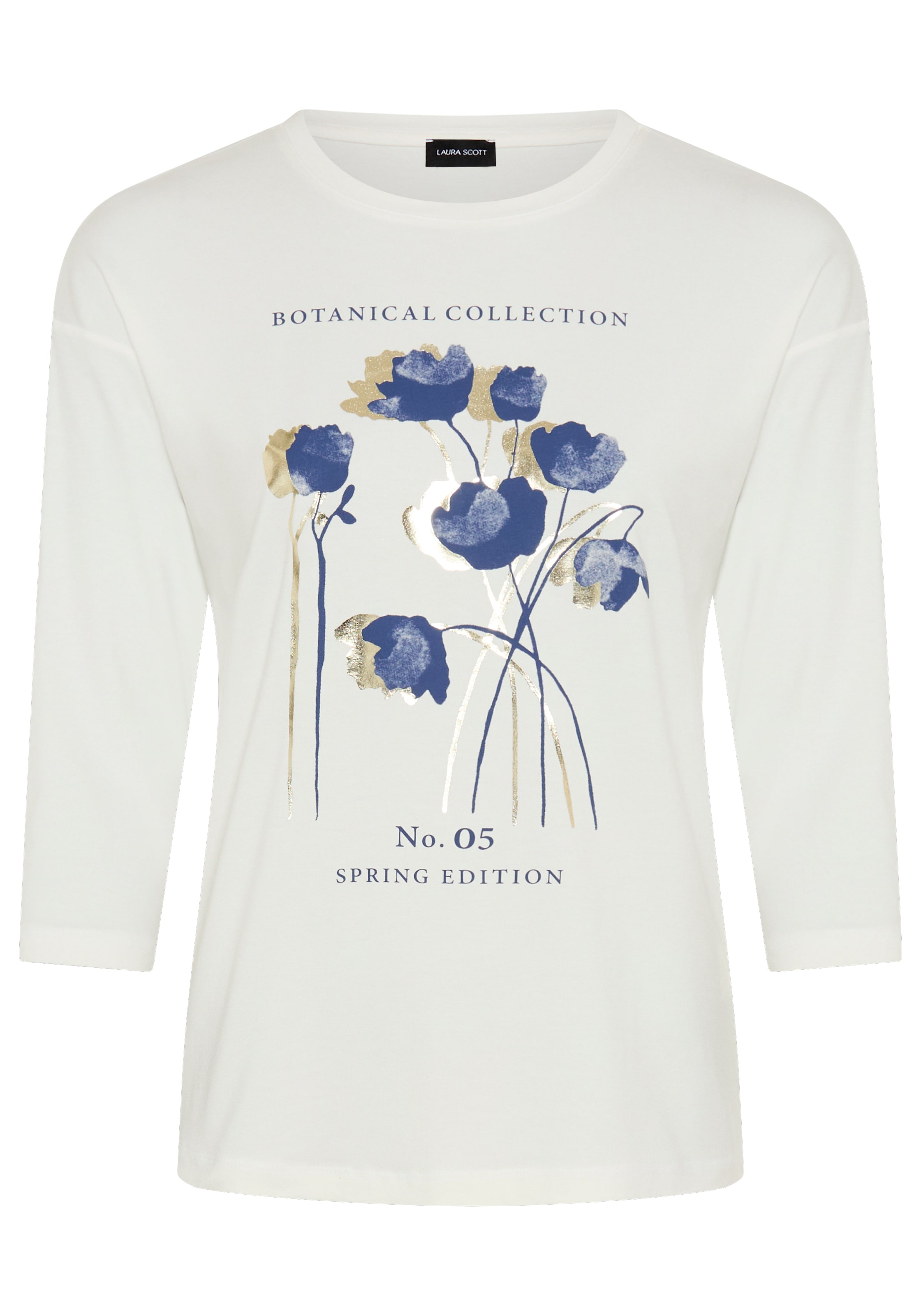 Laura Scott 3/4-Arm-Shirt »mit floralem Frontprint« und figurumspielende Passform, Rundhalsausschnitt ohne Kragen