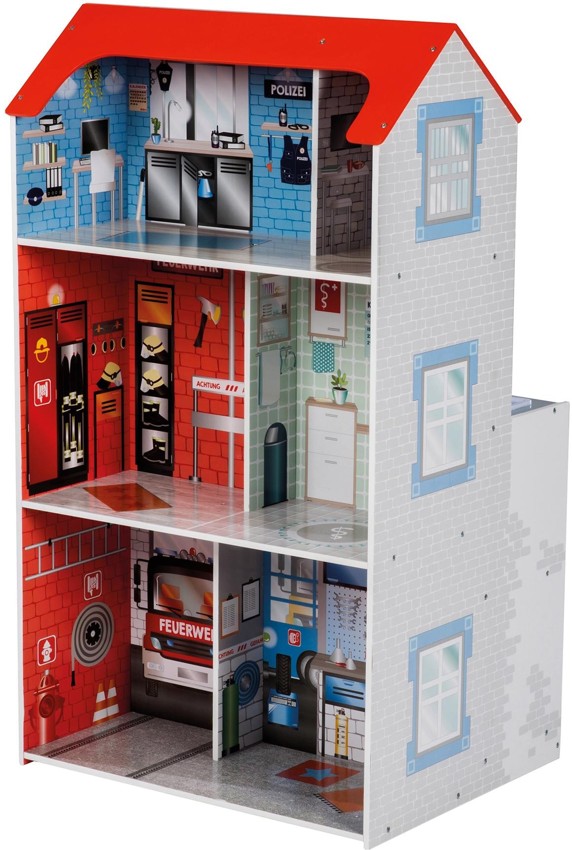 roba® Spielküche »2-in-1, Feuerwehr«, mit mehrstöckigem Puppenhaus