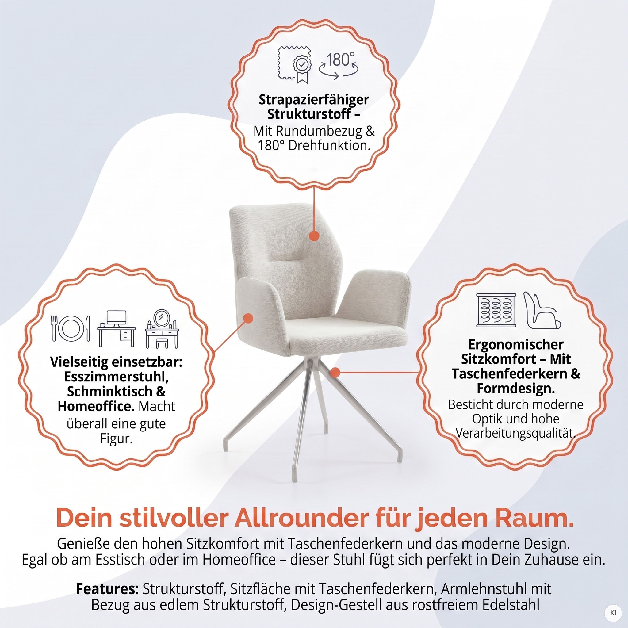SalesFever Esszimmerstuhl »Taormina Armlehnstuhl mit silbernem Edelstahlgestell« () 1 Stk.Esszimmersessel, 180° Drehfunktion, Gestell aus rostfreiem Edelstahl