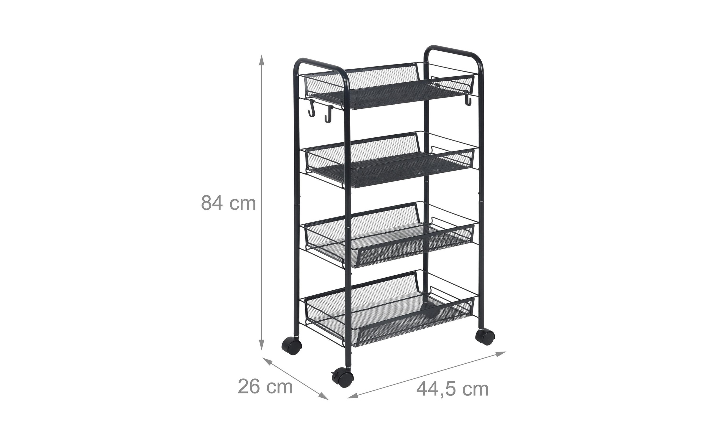 Image of relaxdays Rollwagen "Mesh mit 4 Ebenen 84 x 44.5x 26 cm" Mobiler Allzweckwagen mit 4 Mesh-Ablagen und 4 Haken in Schwarz