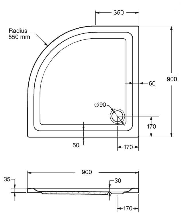 OTTOFOND Receveur de douche Ensemble,  90x90 cm, avec receveur, garniture de vidange et bande d'étanchéité pour joints