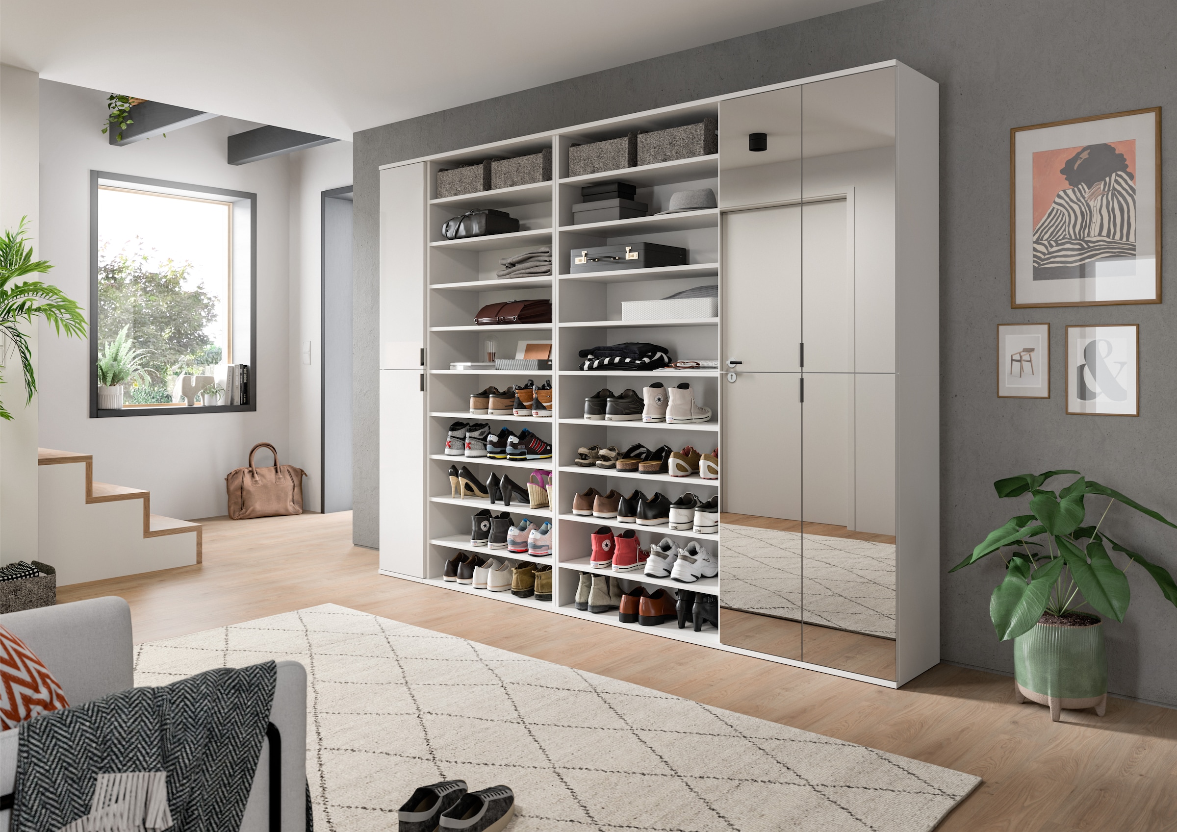 INOSIGN Garderoben-Set »Trondheim, Garderobenset 4-tlg. Breite 232 cm,«, (4 St.), hochglanz, best. aus: Spiegelschrank, 2x Schuhregal, Schrank, Flur