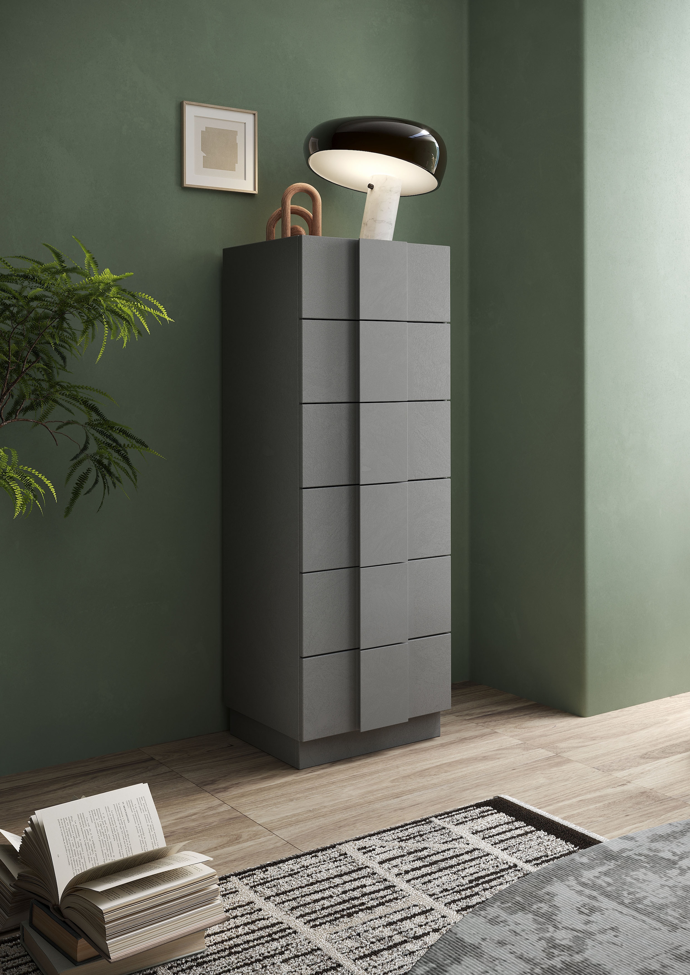 INOSIGN Schubkastenkommode »Jupiter, Kommode, Beistellkommode, Hochkommode, 6 Schubladen« B/T/H 50/138/42 cm, moderne Griffblende, trendiges Steingrau, kompakt